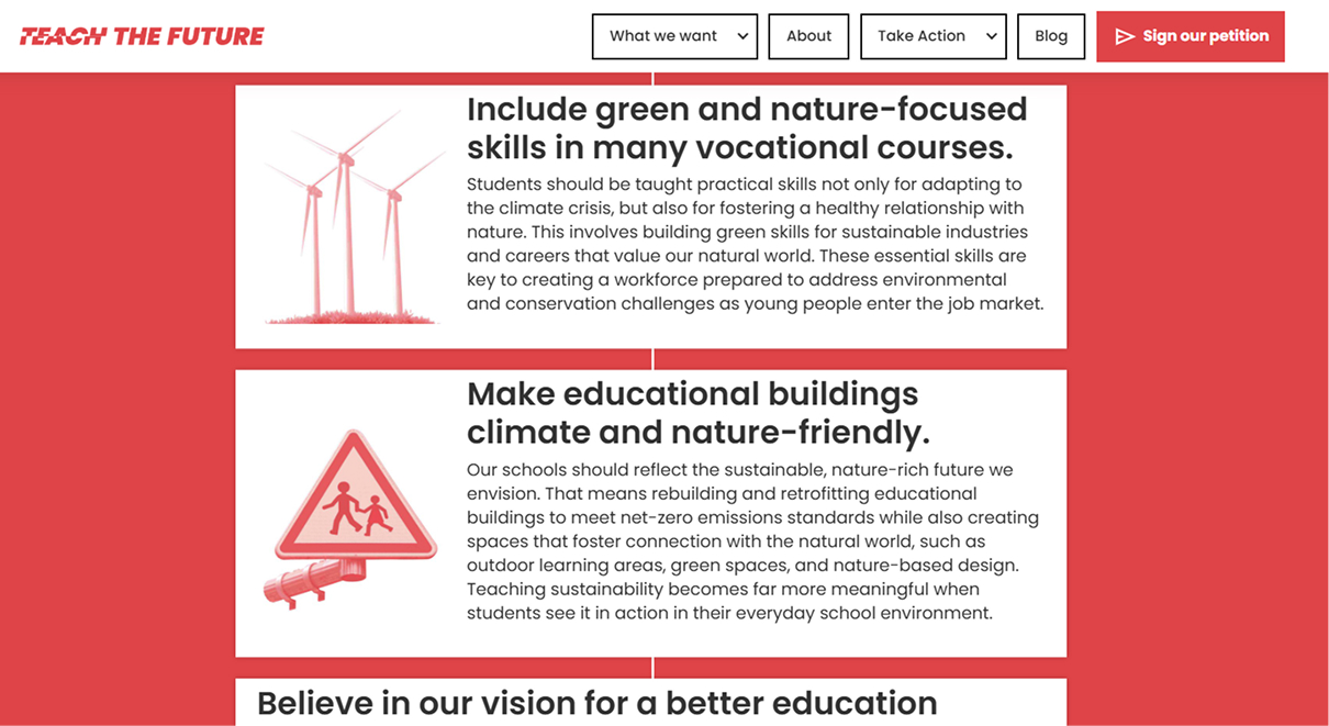A red-themed website showing two white cards with illustrations of wind turbines and a road sign of children, set against a red backdrop.