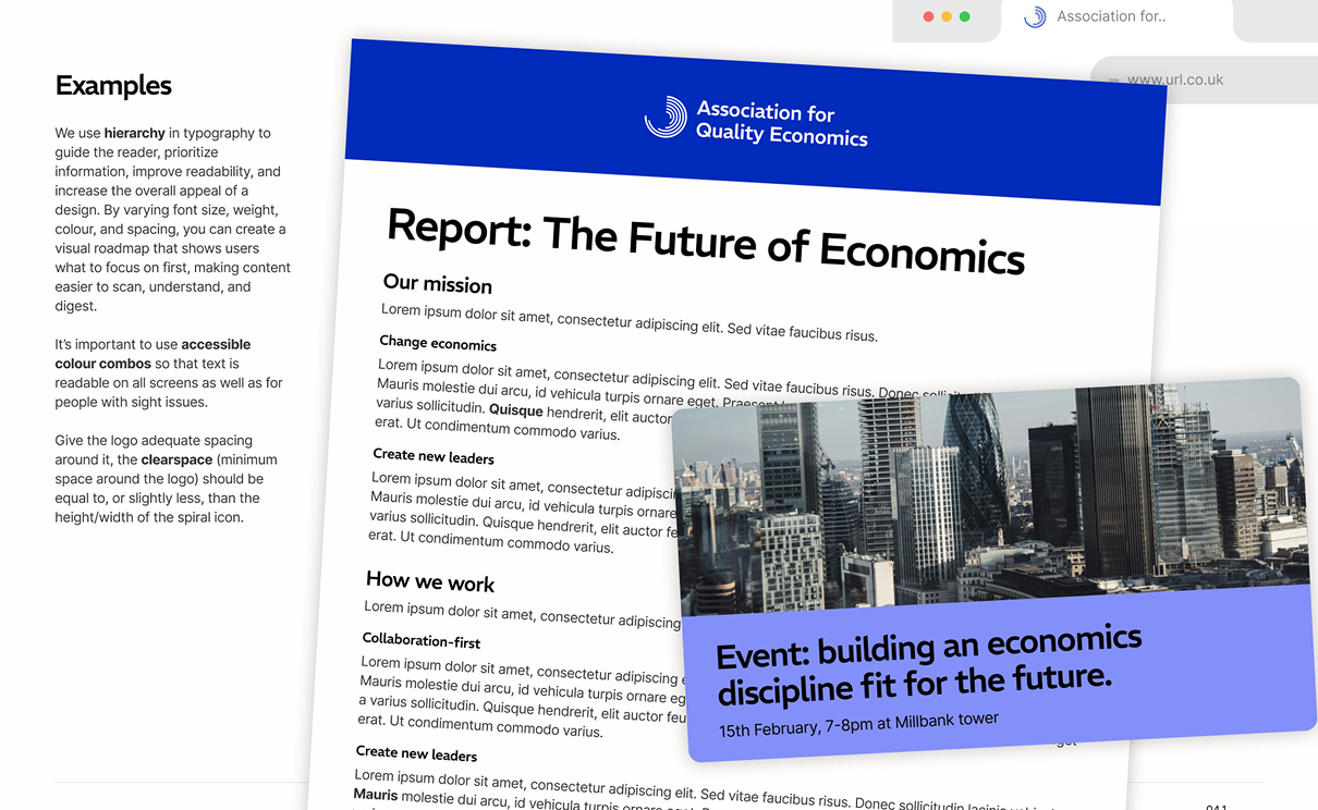 A brand guidelines layout showing a mocked-up Association for Quality Economics report alongside a blue browser window with a city skyline event banner.