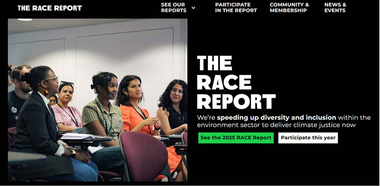 A black website hero for The Race Report, featuring a photo of a diverse audience of seated attendees at a conference, with green and white call-to-action buttons.