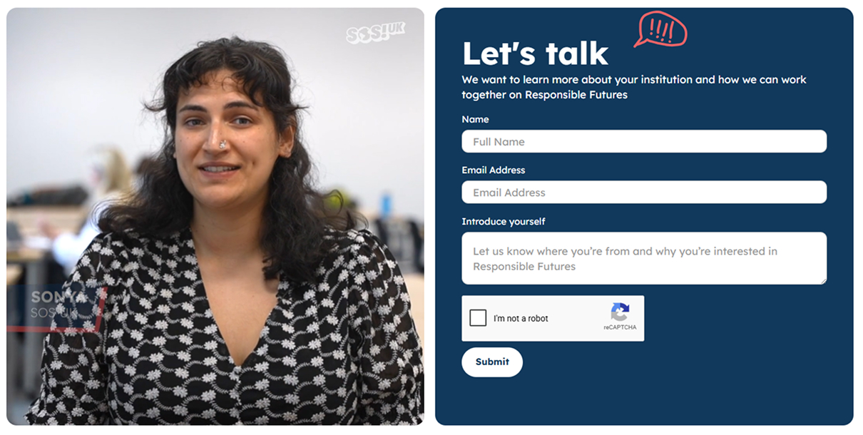 A portrait photo of Sonya from SOS-UK on the left, beside a navy contact form with a red speech-bubble doodle.
