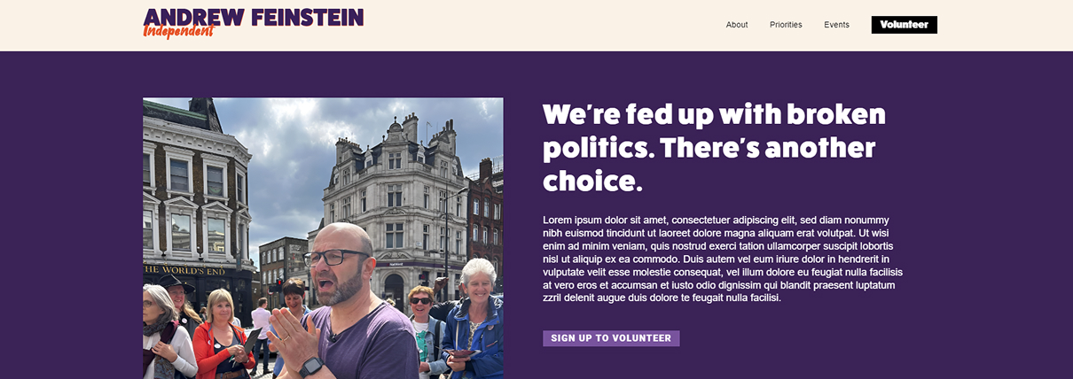 A purple website hero for independent candidate Andrew Feinstein, with a photo of him speaking outside a London pub surrounded by supporters, alongside a headline about broken politics and a "Sign up to volunteer" button.