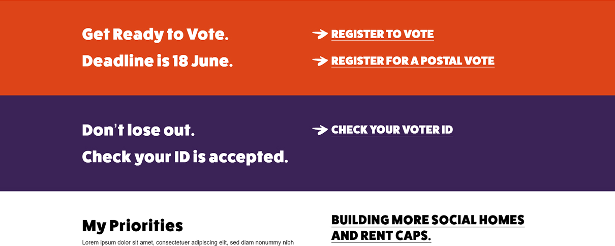 A web page split into an orange band prompting voter registration, a purple band about voter ID, and a partial white "My Priorities" section beneath.