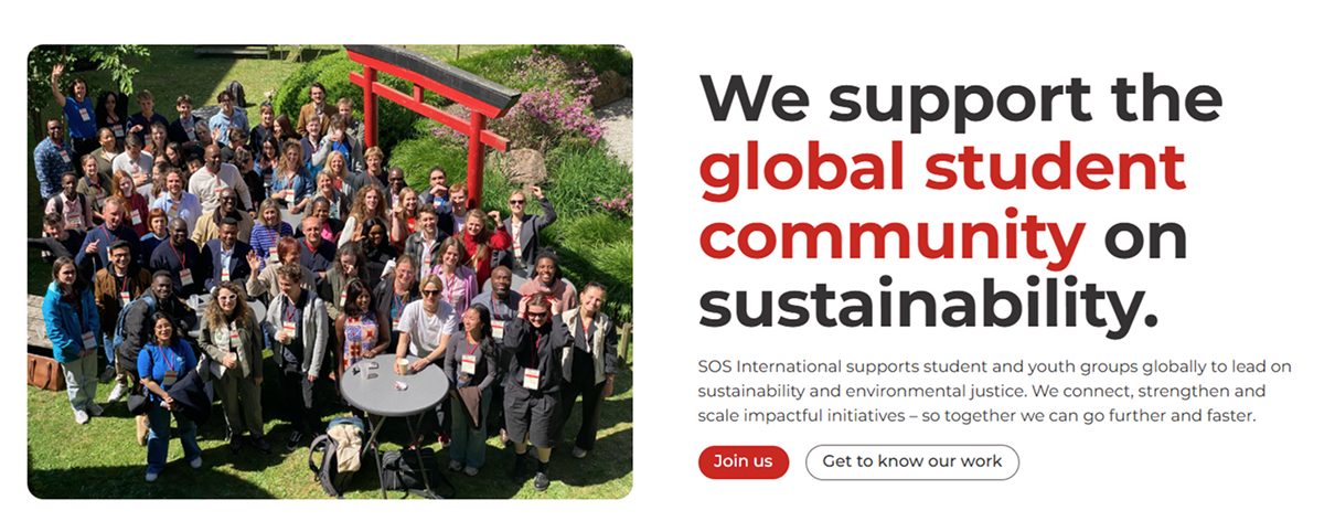 A wide group photo of young people gathered outdoors under a red Japanese torii gate, paired with a headline supporting global student sustainability work. 