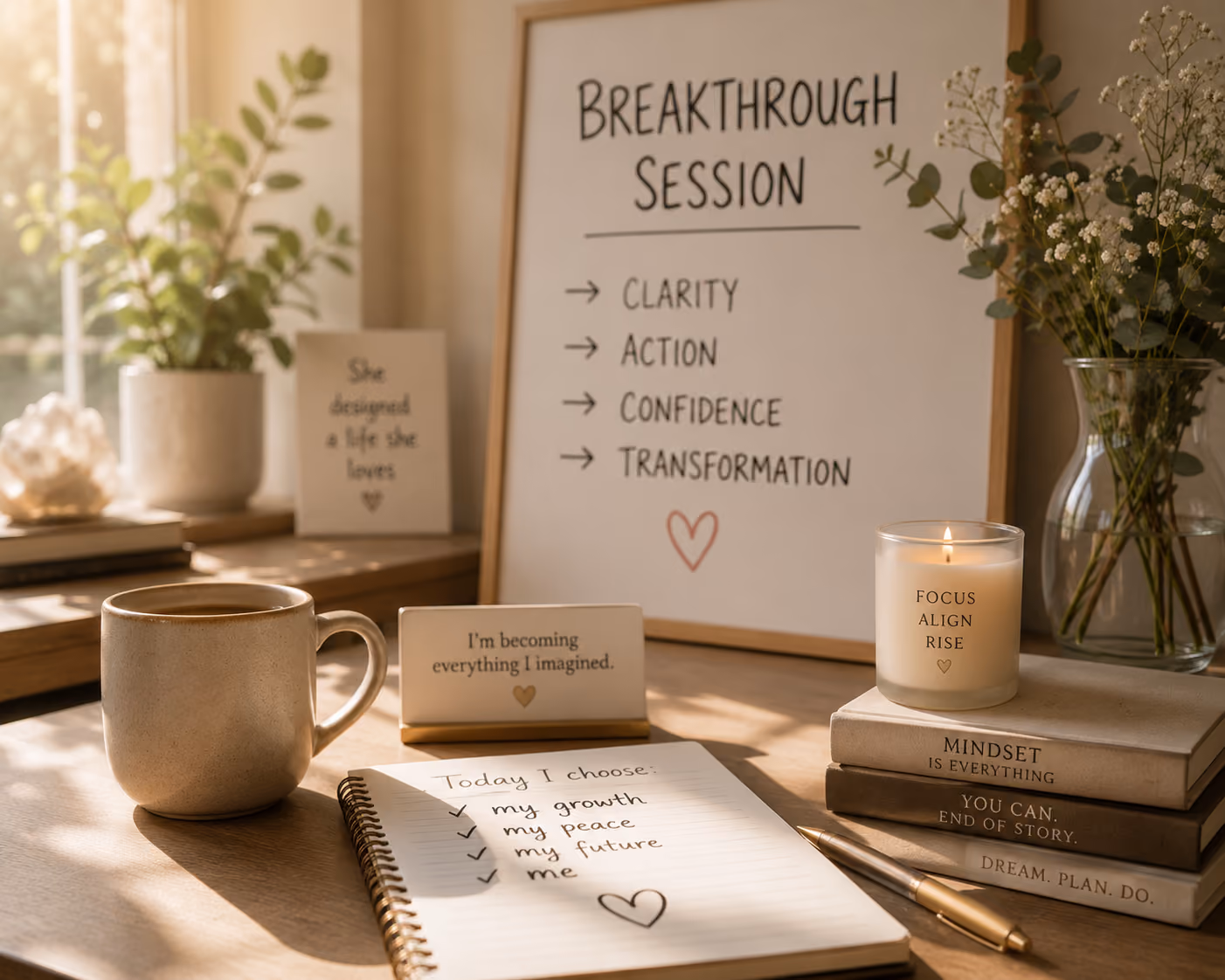 Journal and coffee representing a breakthrough coaching session.