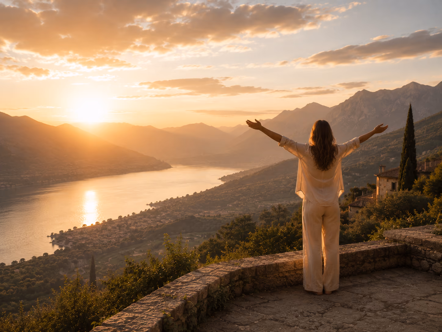 Woman overcoming self-doubt at sunrise.
