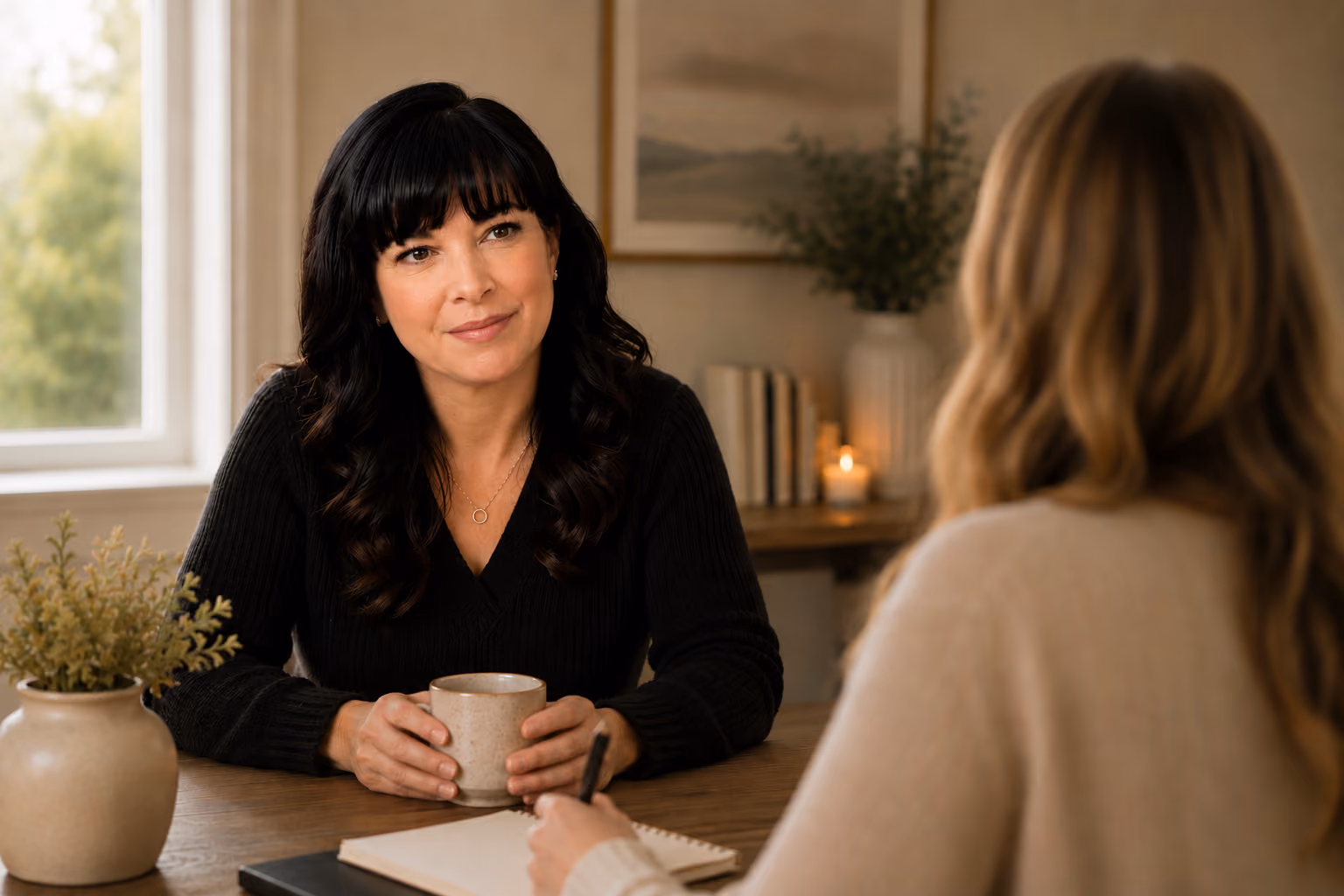 Shelly meeting with a coaching client during a life coaching session.