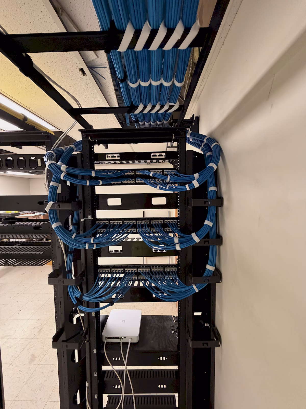 Rear of network rack with blue cabling arranged into organized bundles using white identification straps.