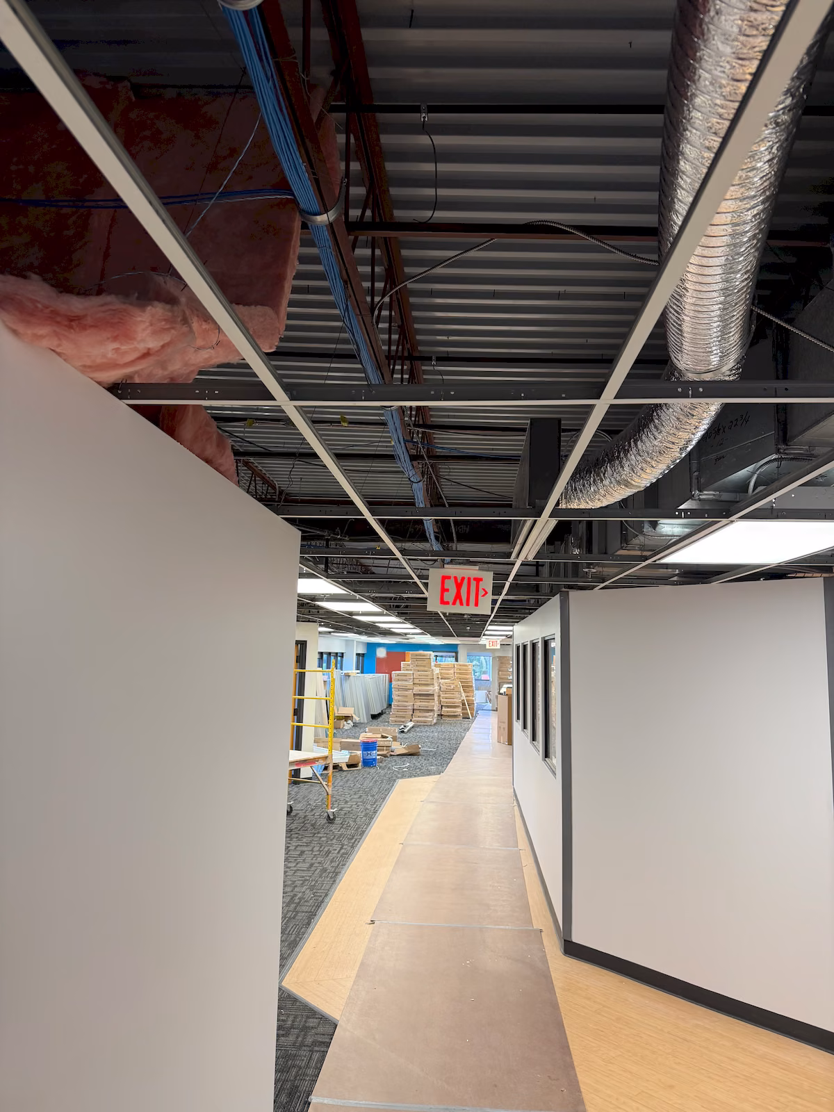 Blue data cabling routed through overhead pathways inside a commercial network equipment room.