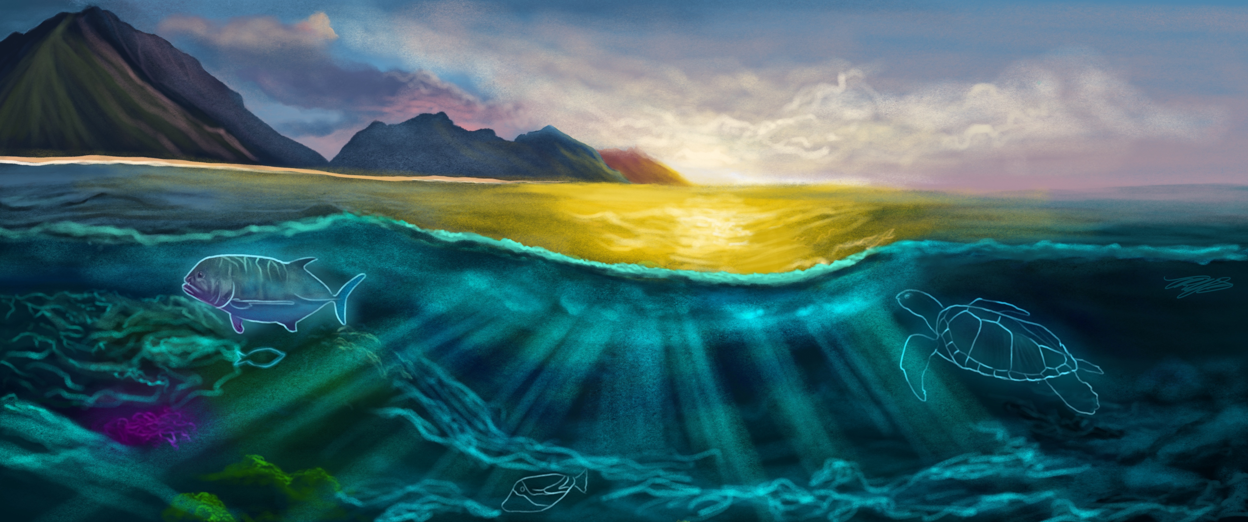 Digital painting of a sunlit wave and mountains by TRYS