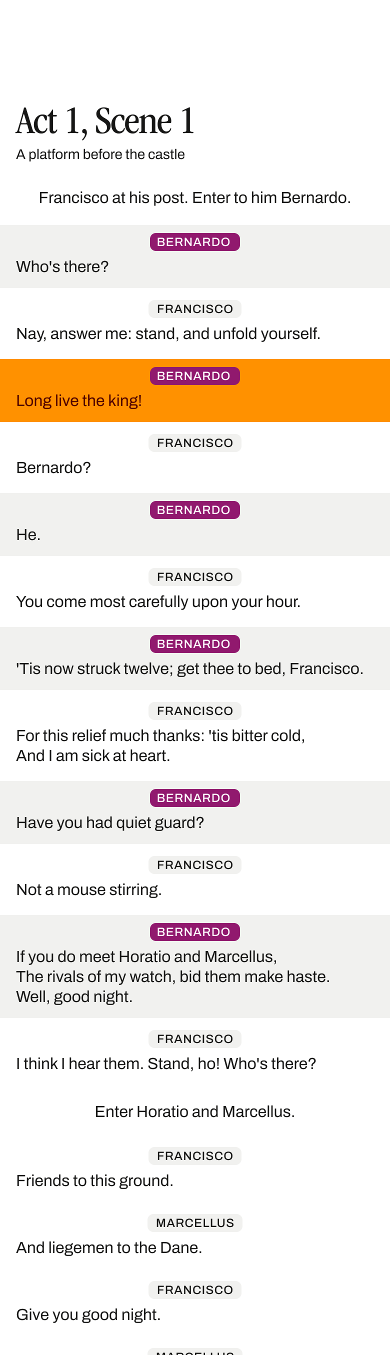 A screenshot of the Horatio app with the opening scene of Hamlet loaded in the scene page.
