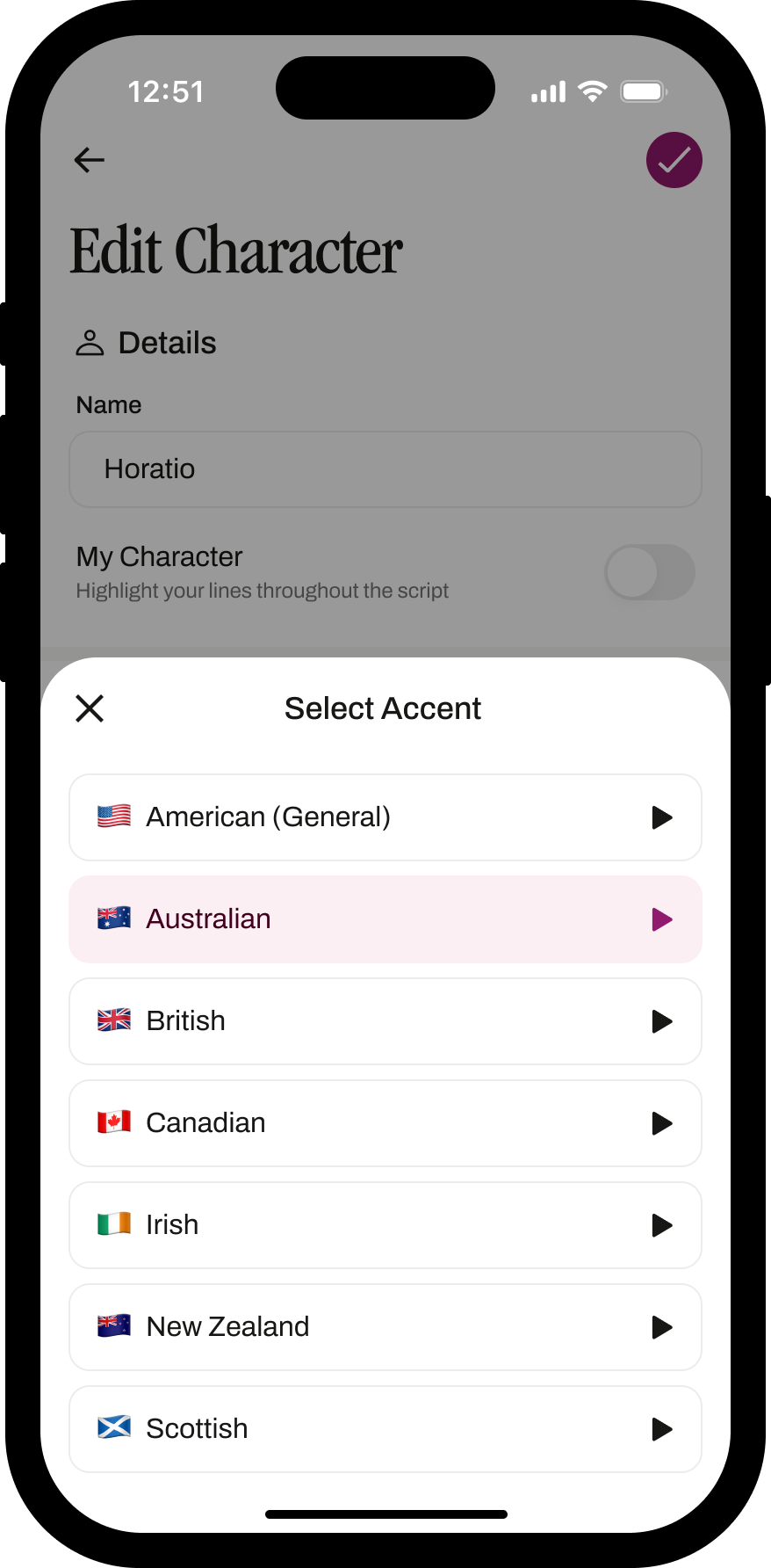A screenshot of the edit accent page showing several accent options