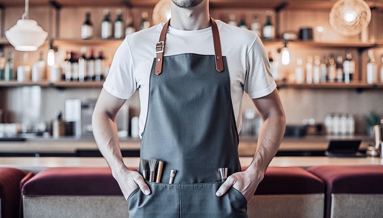 Stylish bartender wearing a dark canvas apron.