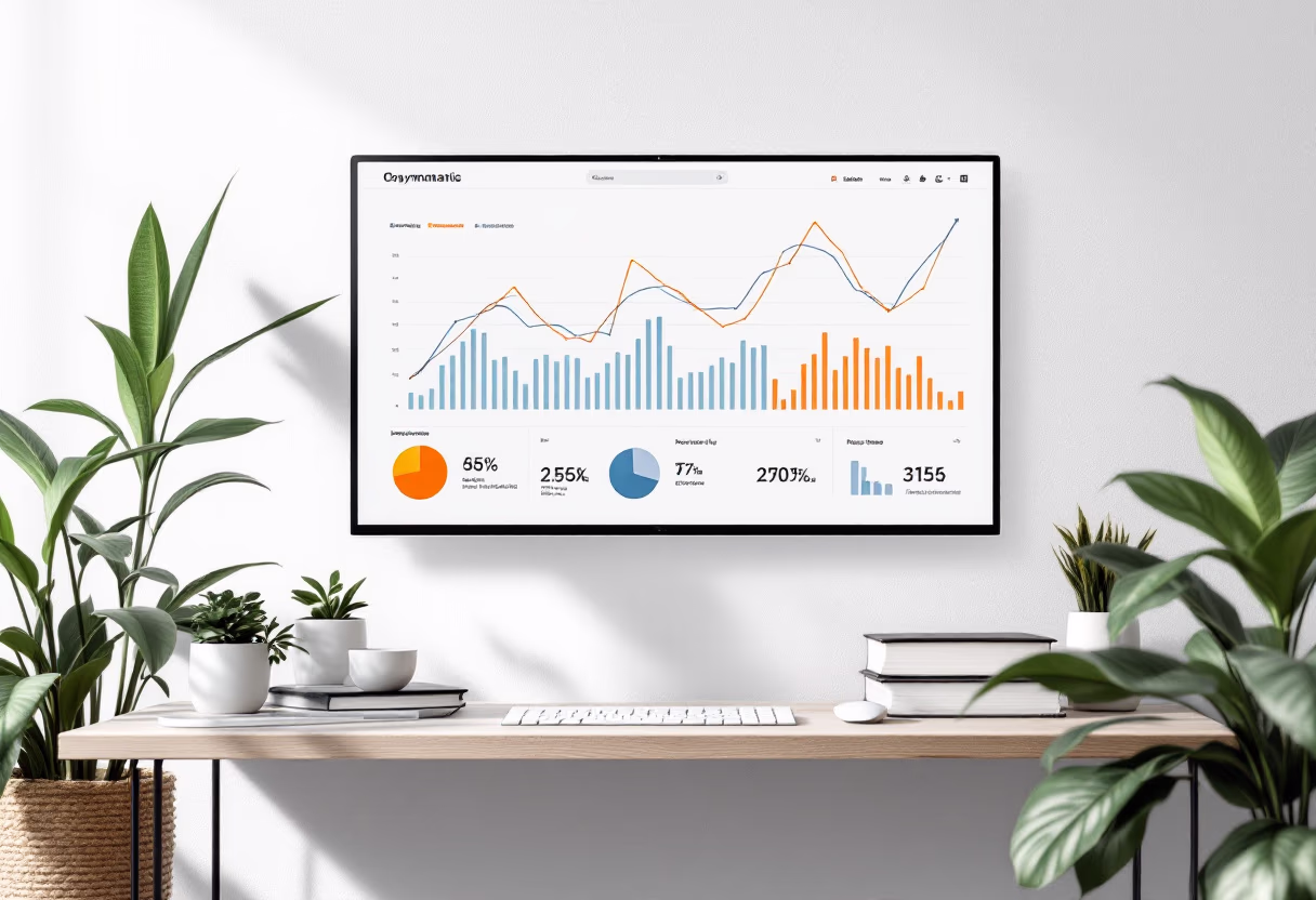 Modern desk setup with computer screen showing colorful charts and graphs, surrounded by green plants.