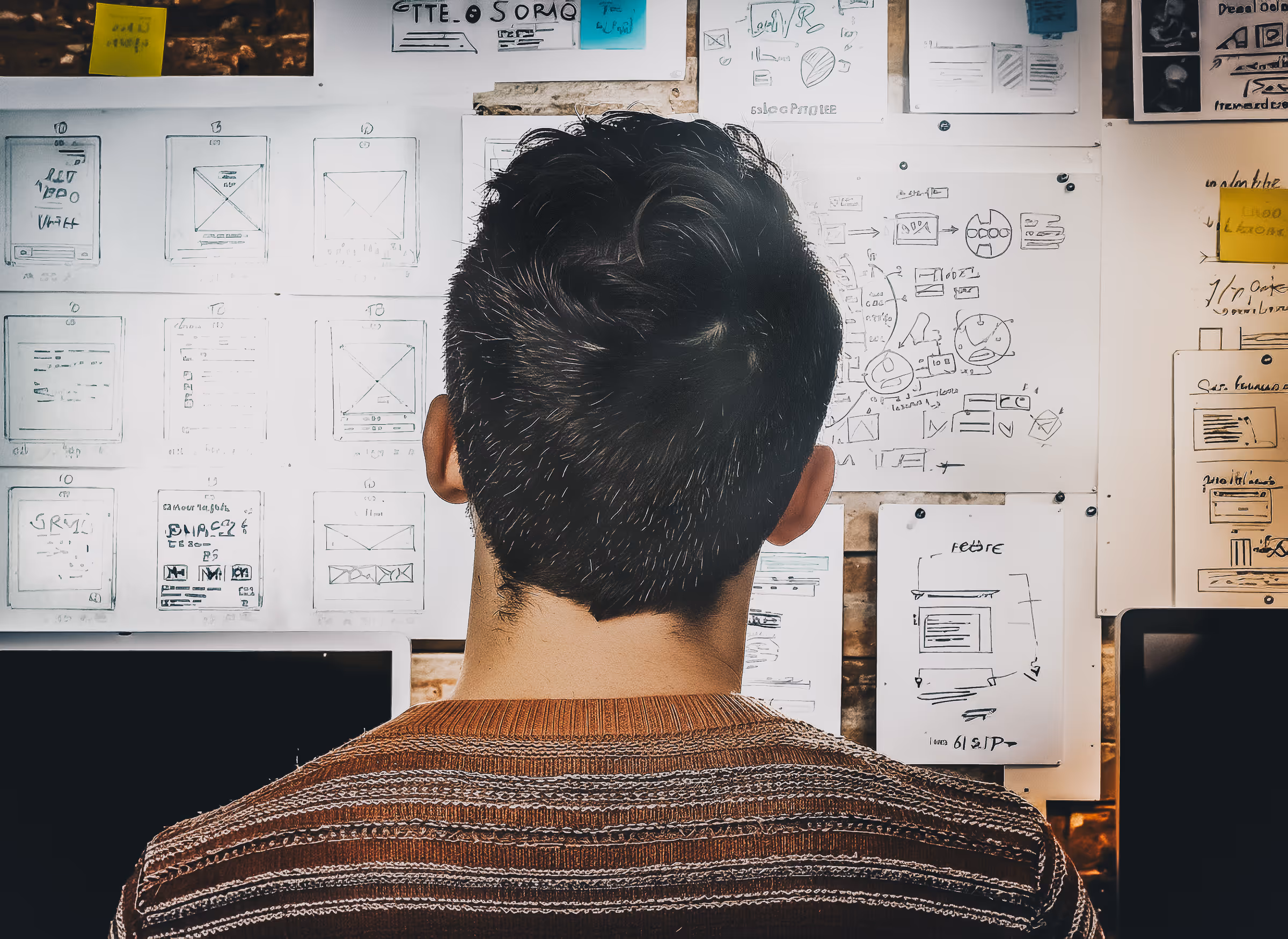 Person viewed from behind studying design wireframes and sketches pinned on a wall.