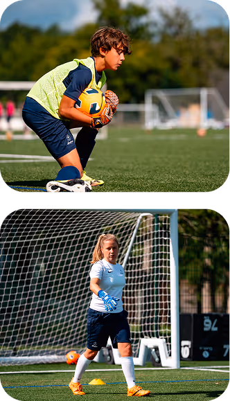Top: boy goalie holding soccer ball on field; Bottom: girl goalie walking on soccer field near goal