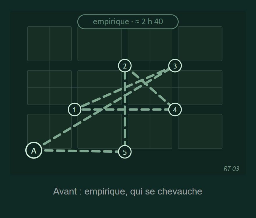 Itinéraire planifié de manière empirique avec des trajets qui se chevauchent, d'une durée estimée à 2 h 40