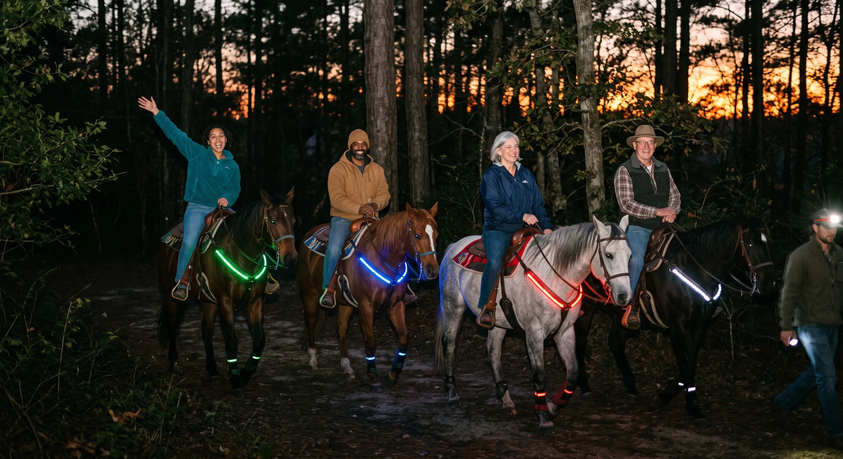 Four riders and a walking guide travel a dusk forest trail on horses wearing green, blue, red, and white LED lights.