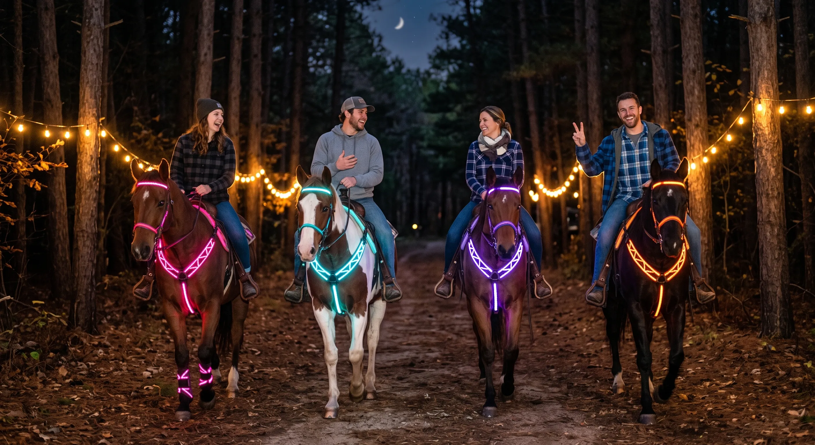Four smiling riders on a night trail, horses glowing pink, teal, purple, and amber under string lights.