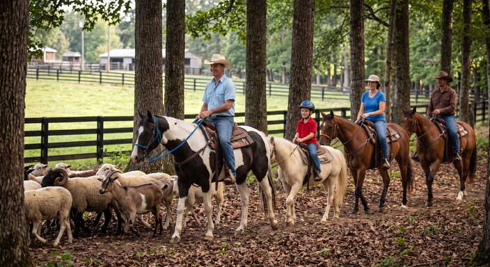 Trade the ordinary trail ride for something unique. Saddle up for an authentic farm herding adventure, riding alongside our sheep and border collie shepherd dogs through pastures and wooded trails.