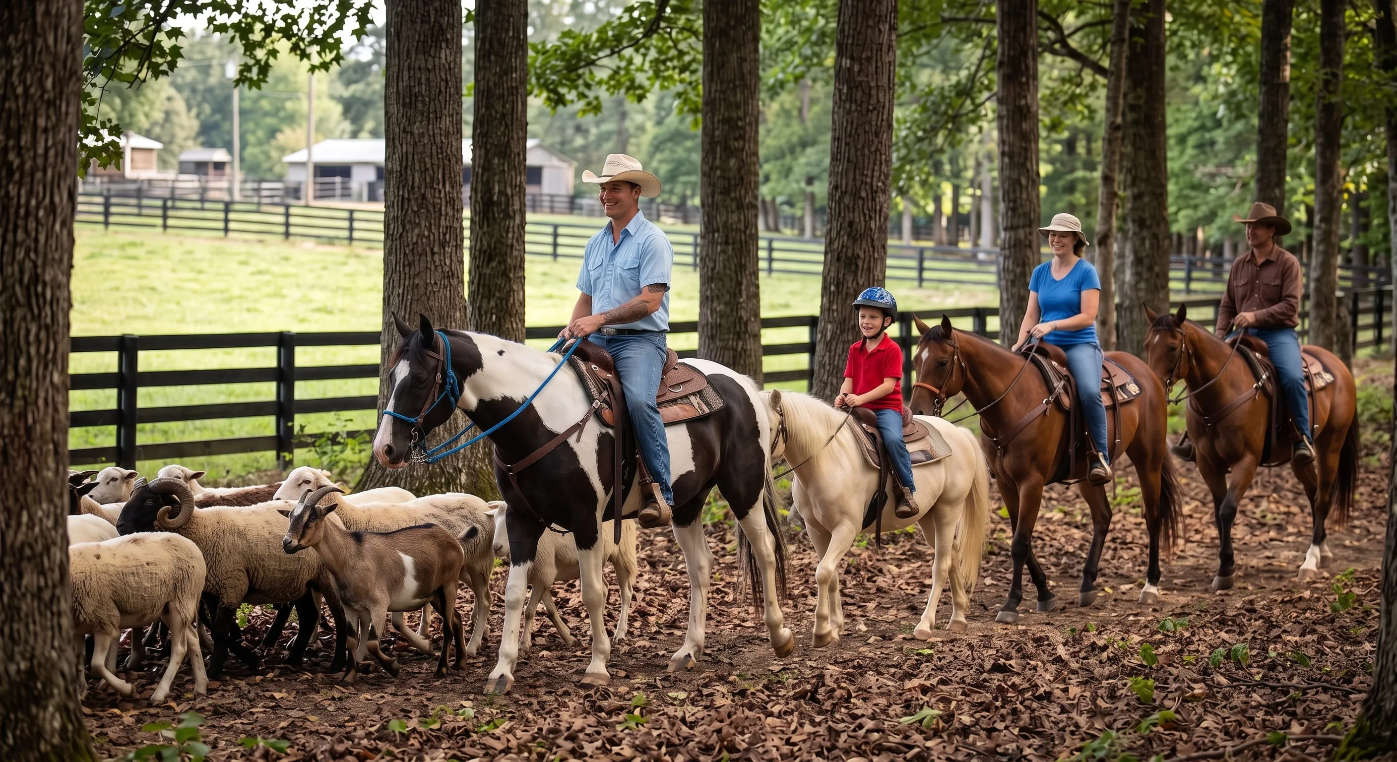 Four riders, including a child on a white pony, travel a wooded farm trail beside sheep and goats with barns beyond.