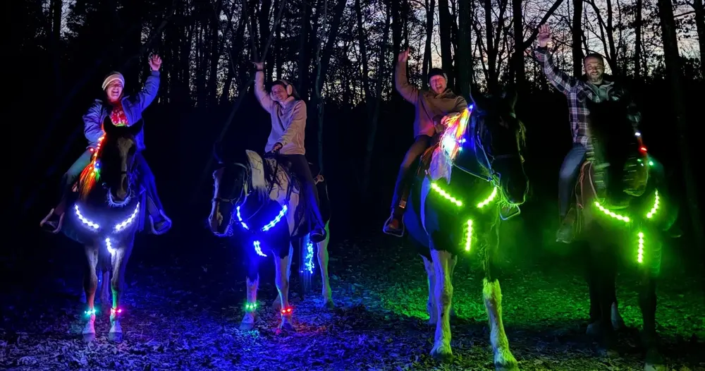 Experience the magic of Kay's Acres under the moonlight! Saddle up for a beginner-safe, 1-hour nighttime horseback ride through our pastures and wooded trails, guided by the moon and the colorful glow of your horse's illuminated gear.