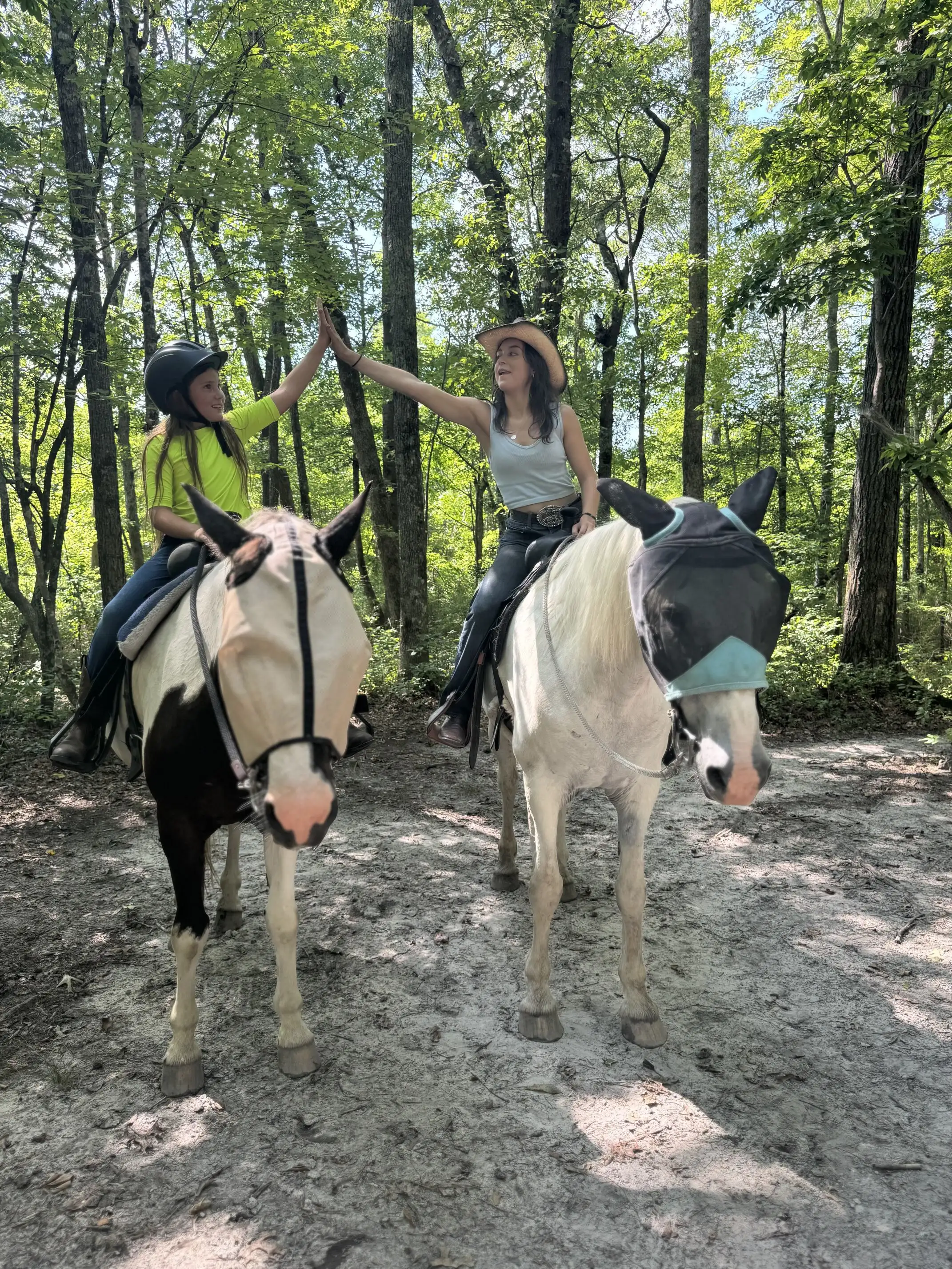 Two girls high-five from horseback on a sandy forest trail, one on a piebald horse and one on a white horse.