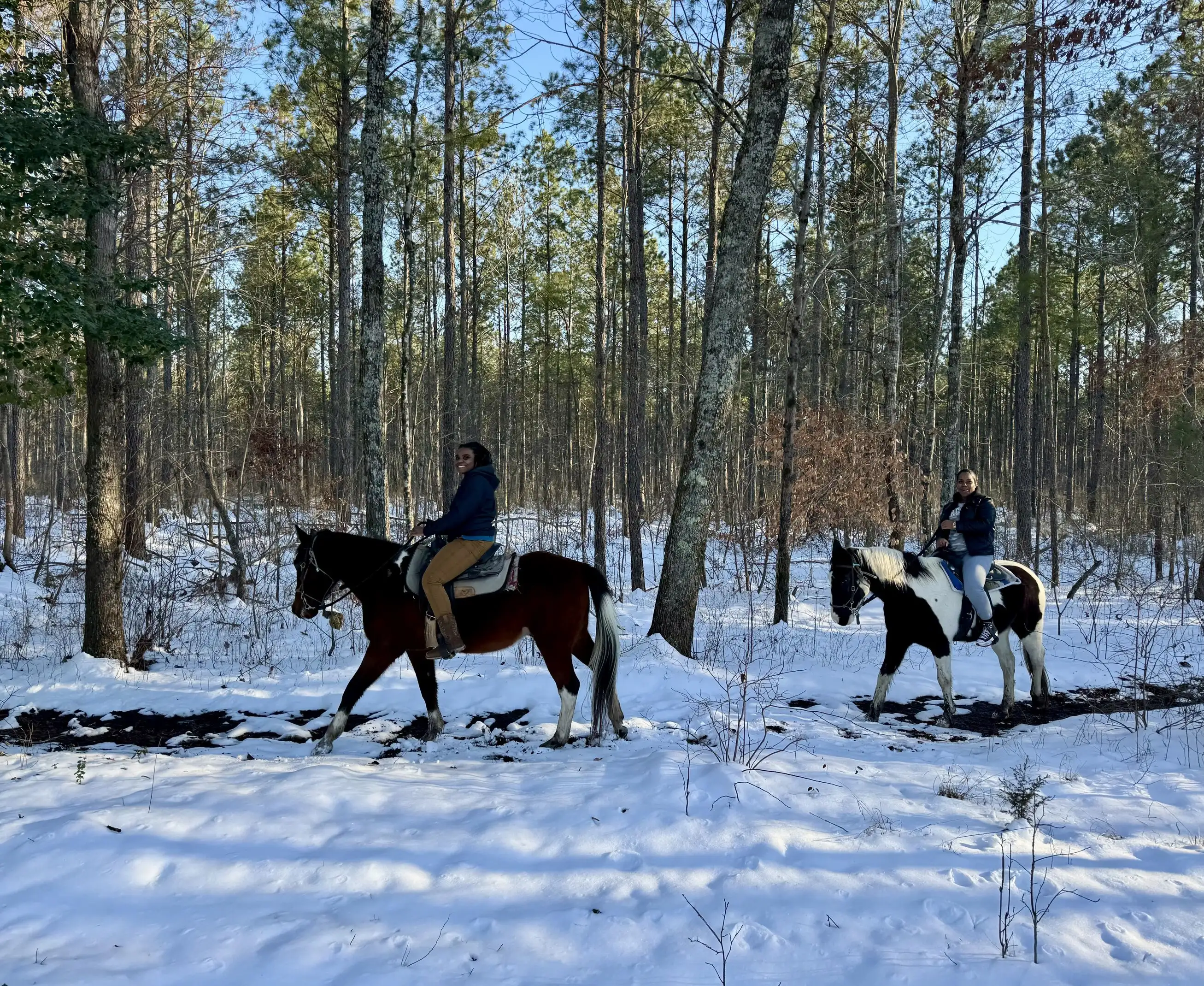 Two riders travel a muddy trail through a snowy pine forest on a sunny winter day.