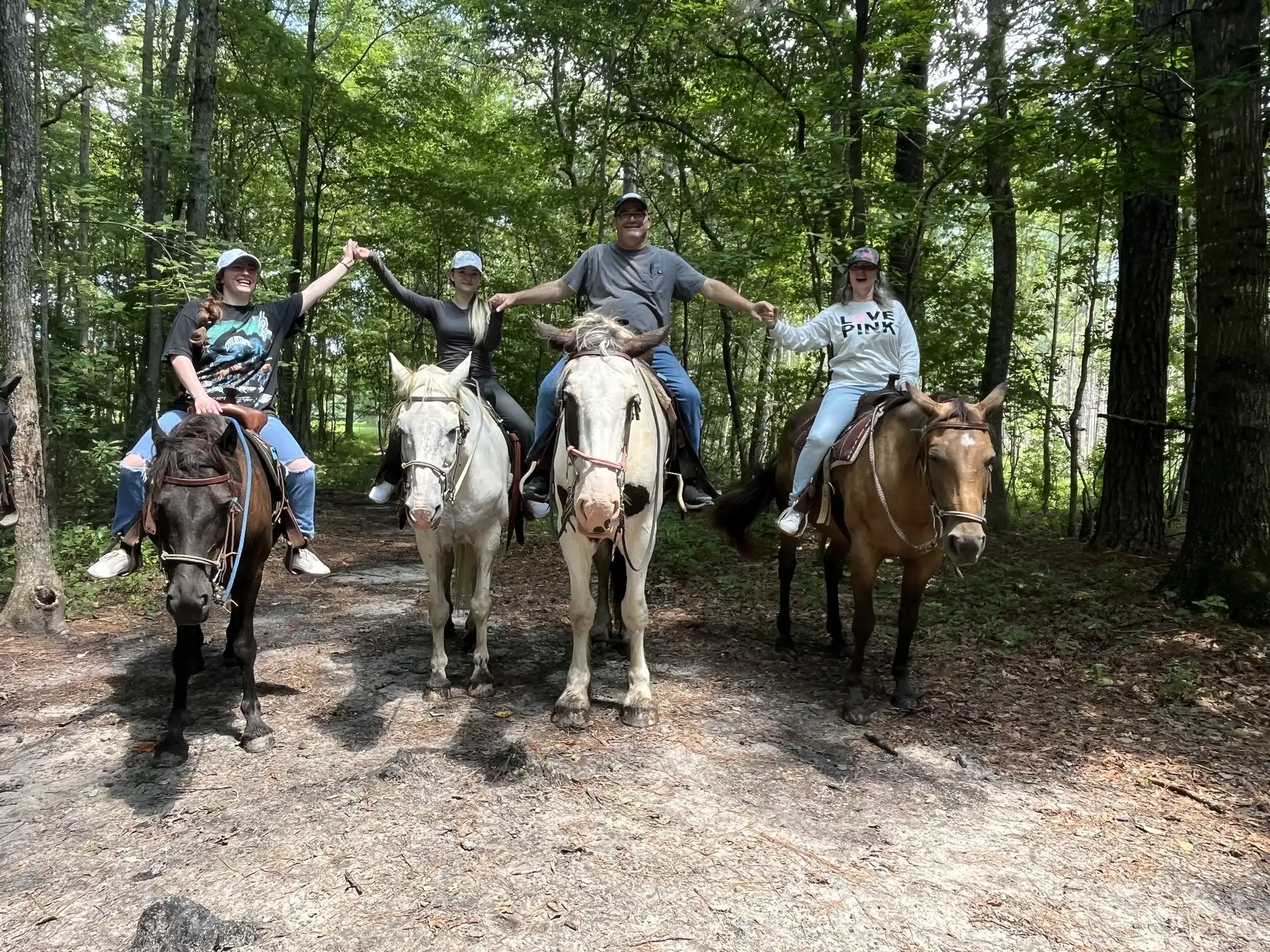 Four smiling riders hold hands across their horses on a sun-dappled sandy forest trail.