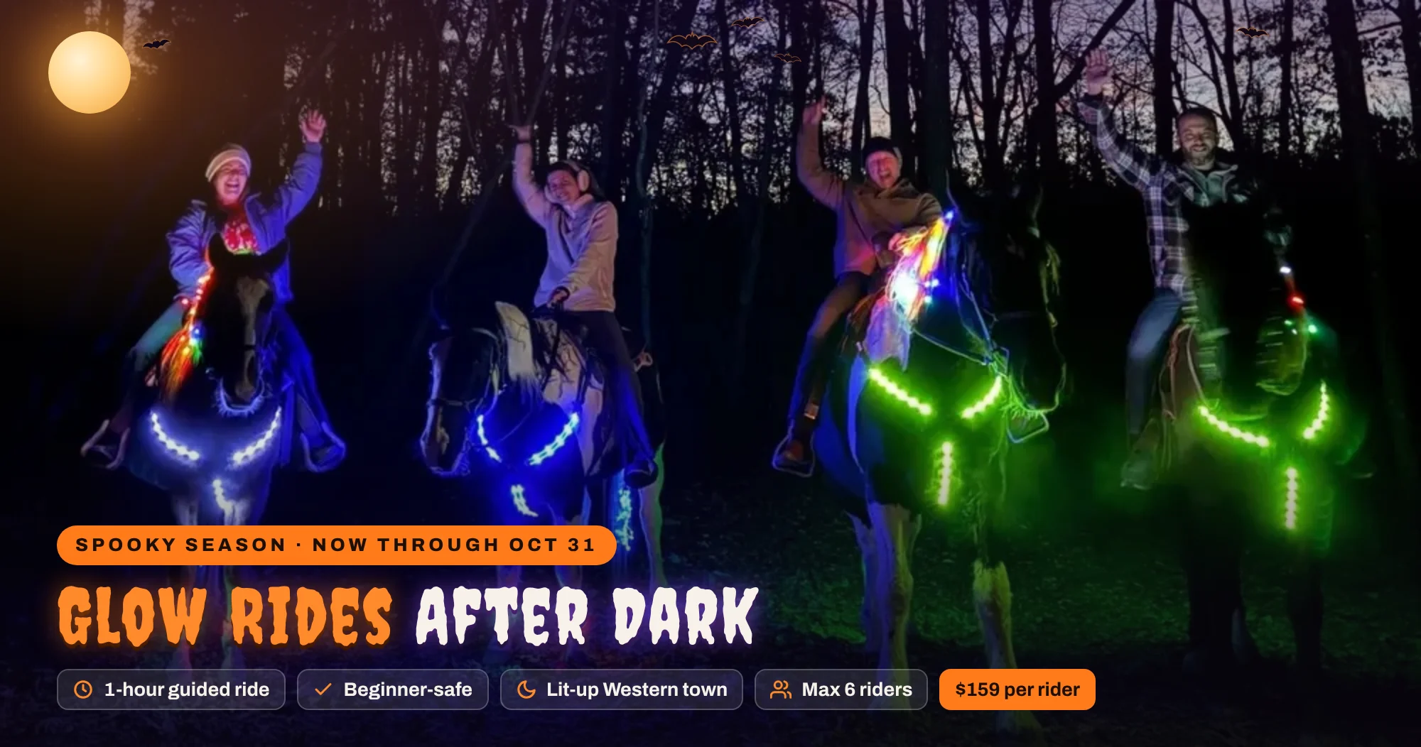 Glow rides for Kay's Acres Halloween, this image shows rides on glowing horses. 