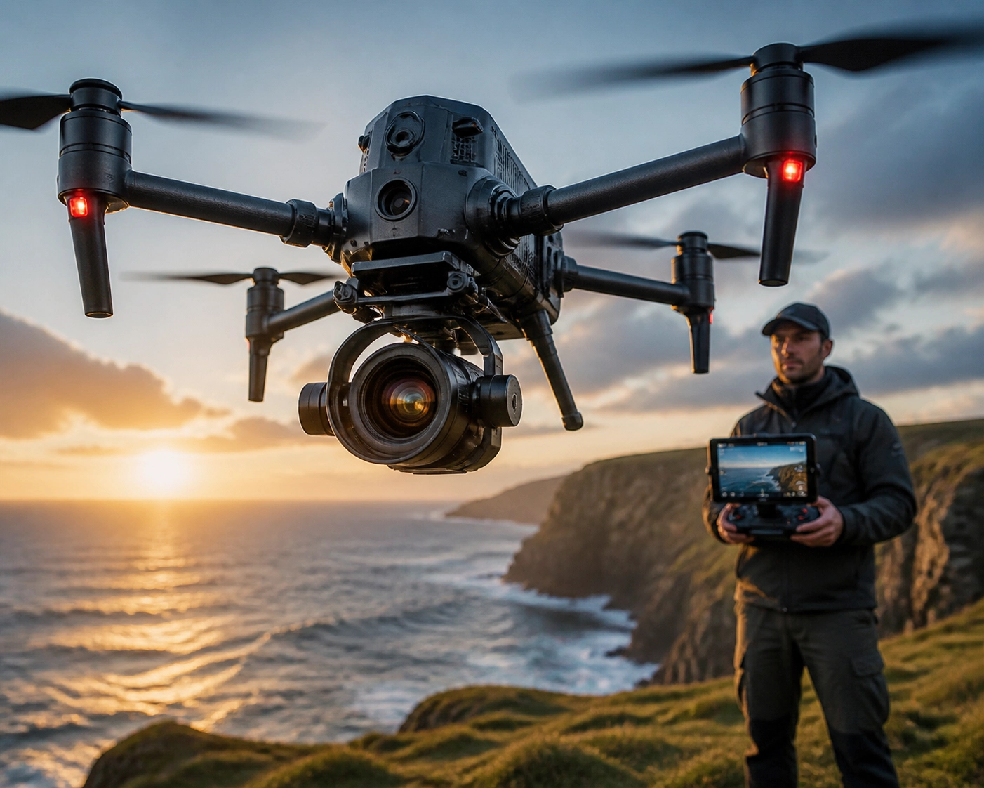 Professional drone capturing aerial imagery over the UK coastline during a scenic sunrise shoot.