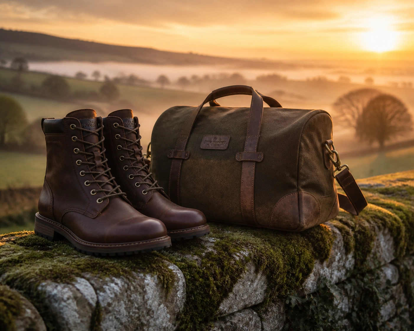 Professional country brand lifestyle photography in Kent featuring leather field gear and scenic hills.