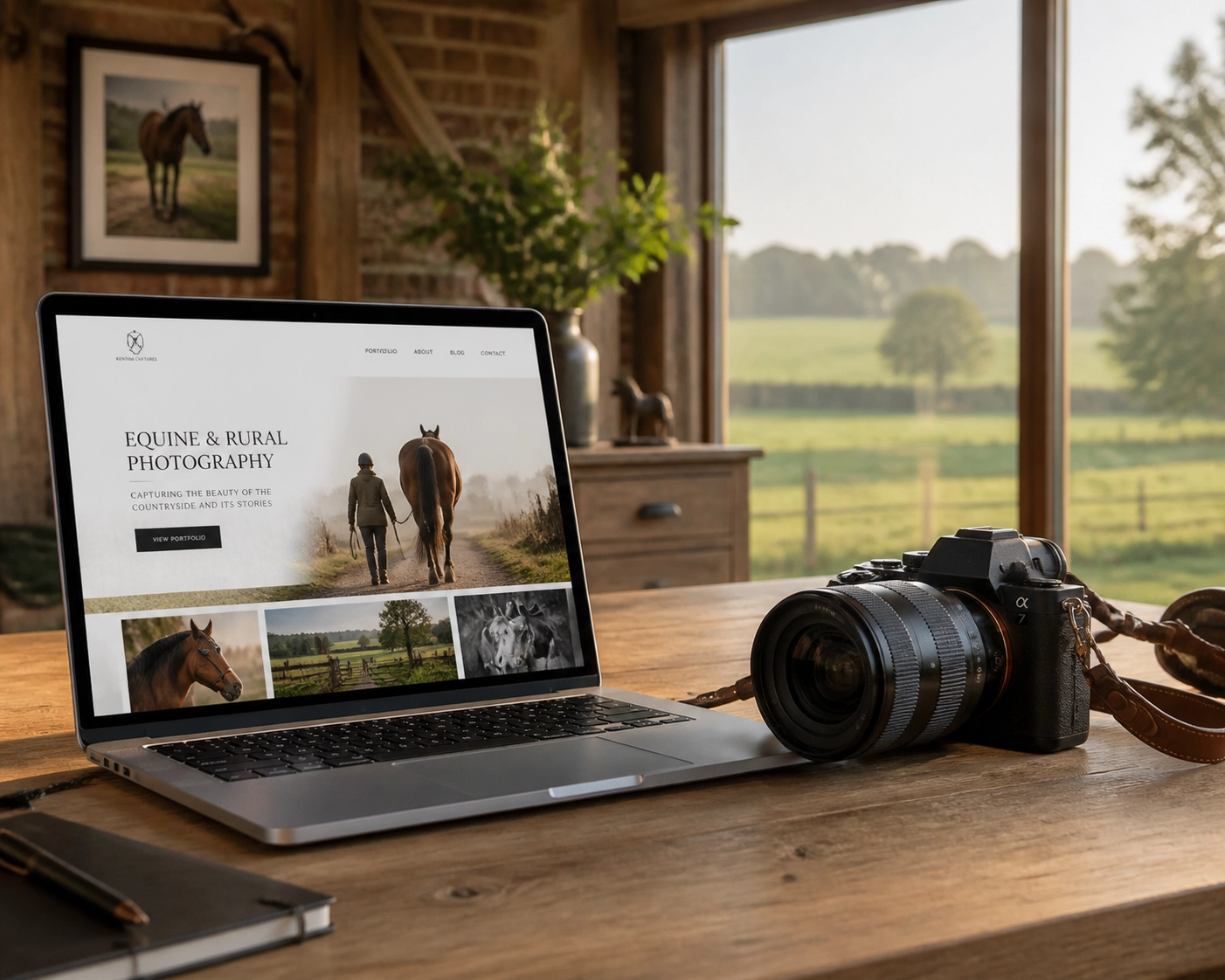 Professional photography studio in Kent featuring a mirrorless camera and a sleek website portfolio on a laptop.