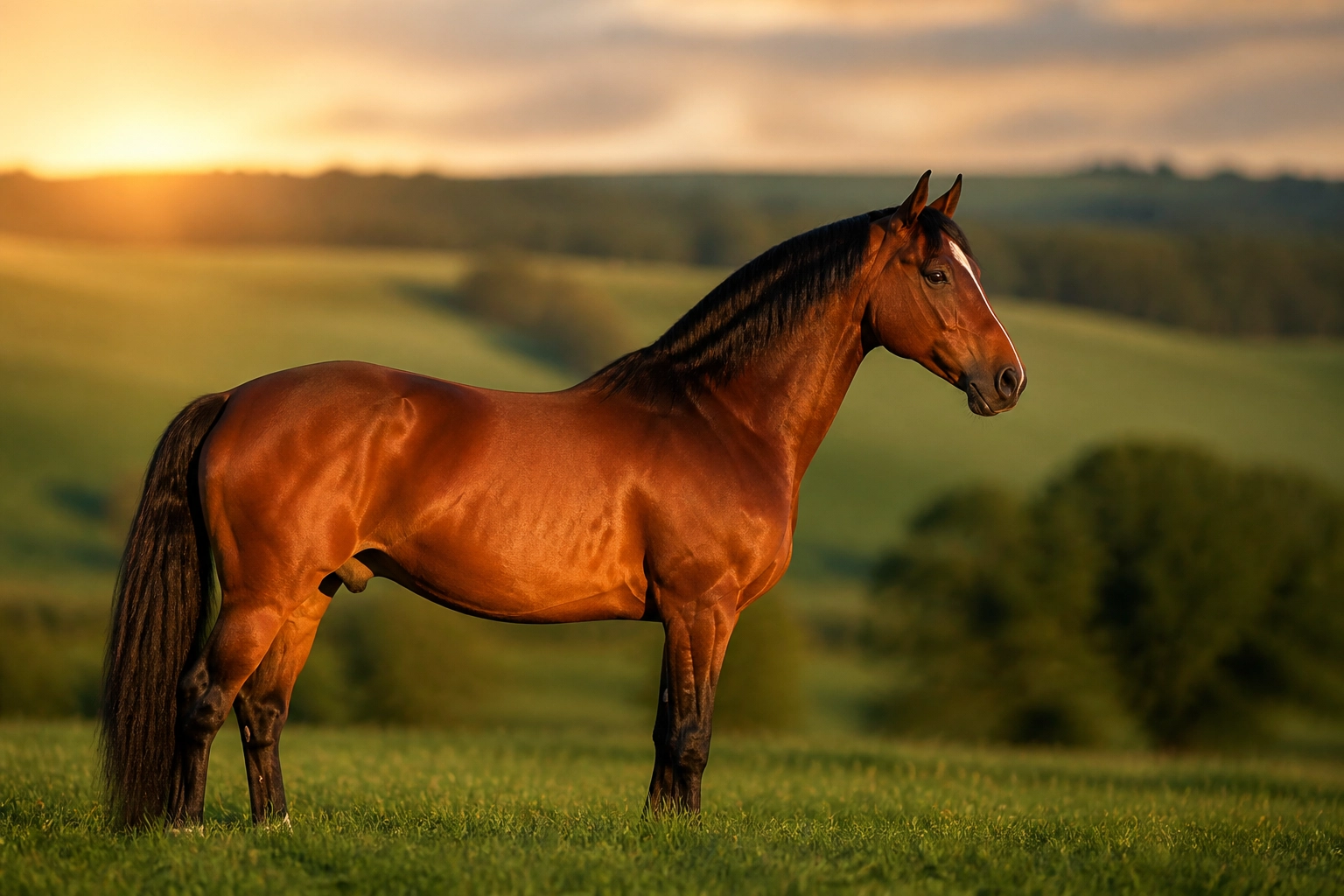 Professional equine photography showing a bay horse in a Kentish meadow with soft sunset lighting.