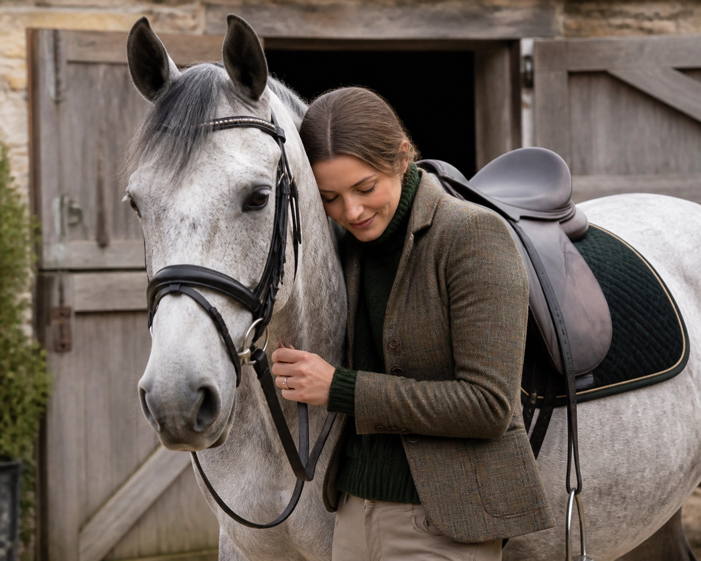 Emotional equestrian lifestyle portrait of a rider and her dapple-grey horse in a South East stable yard.