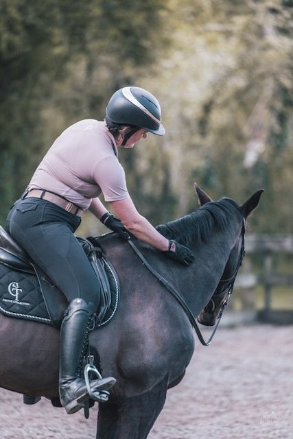 Equestrian rider patting a dark horse during a training session, highlighting the bond and brand storytelling