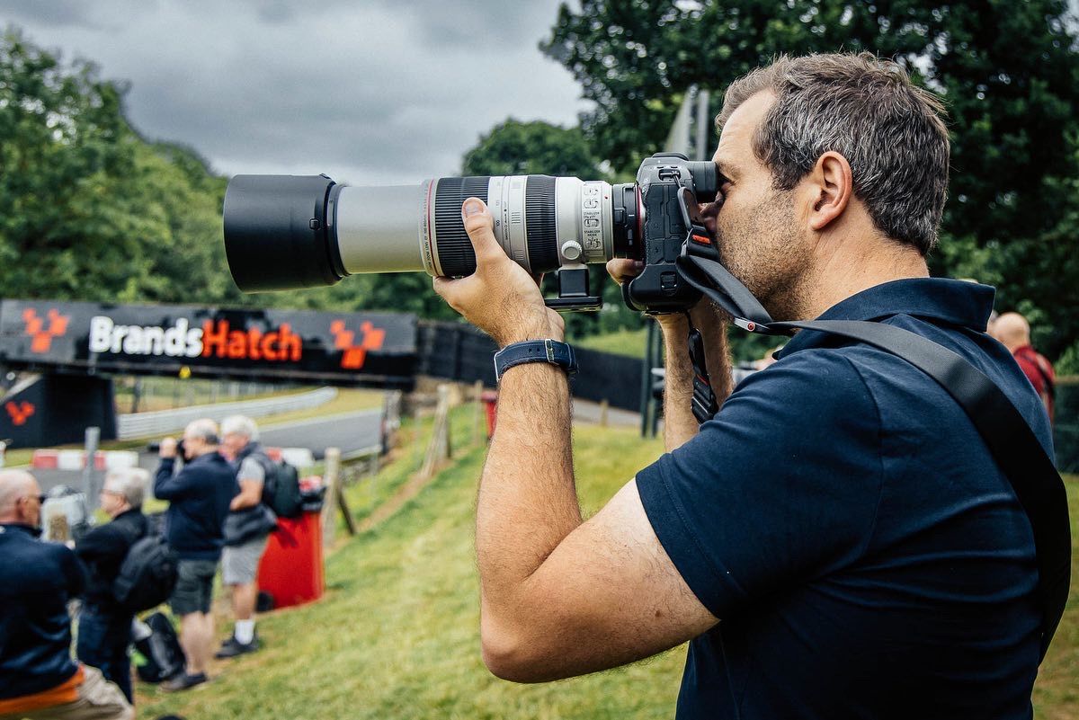Professional photographer capturing action at Brands Hatch, Kent