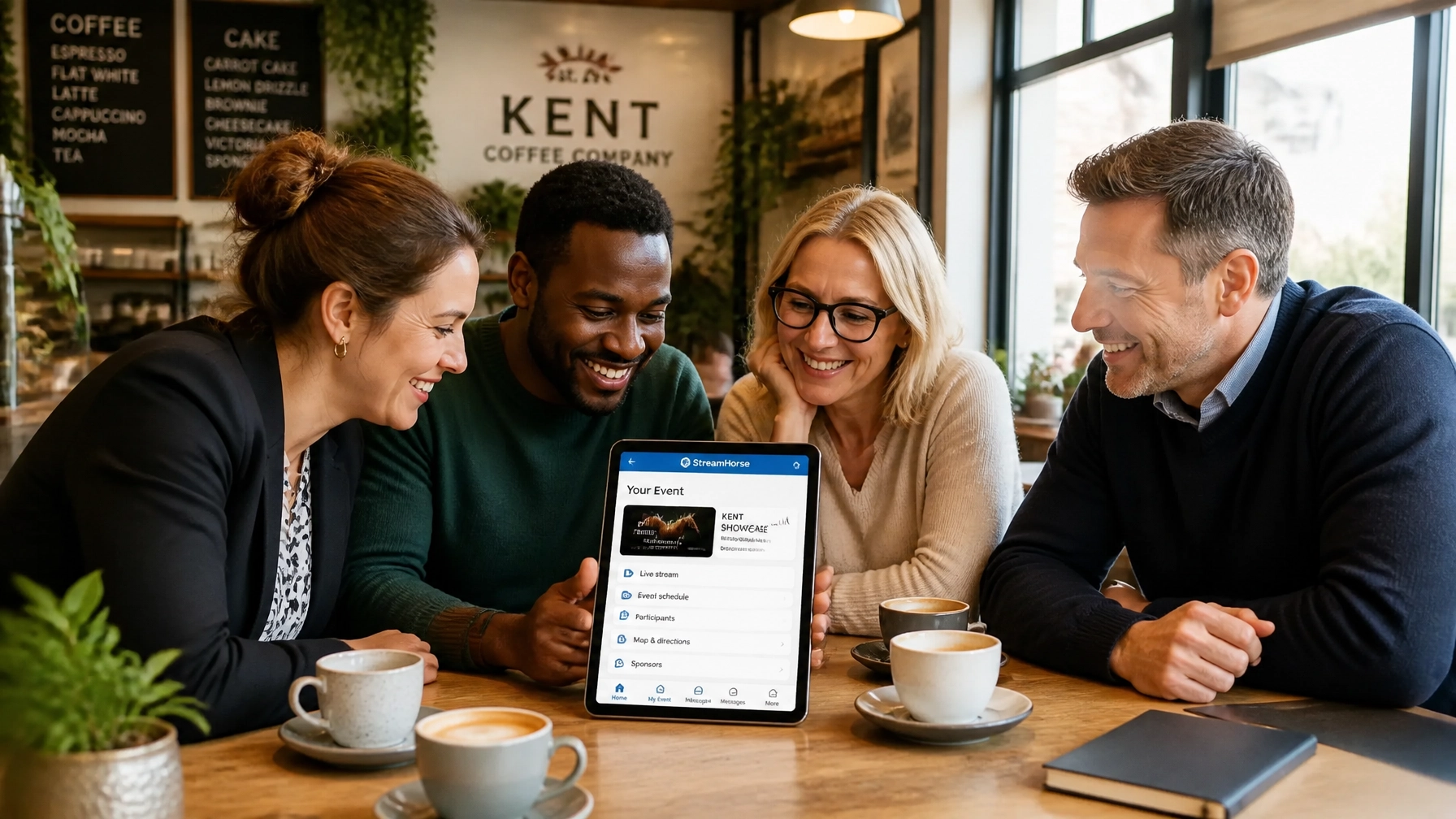Local Kent business professionals discussing a new mobile app interface