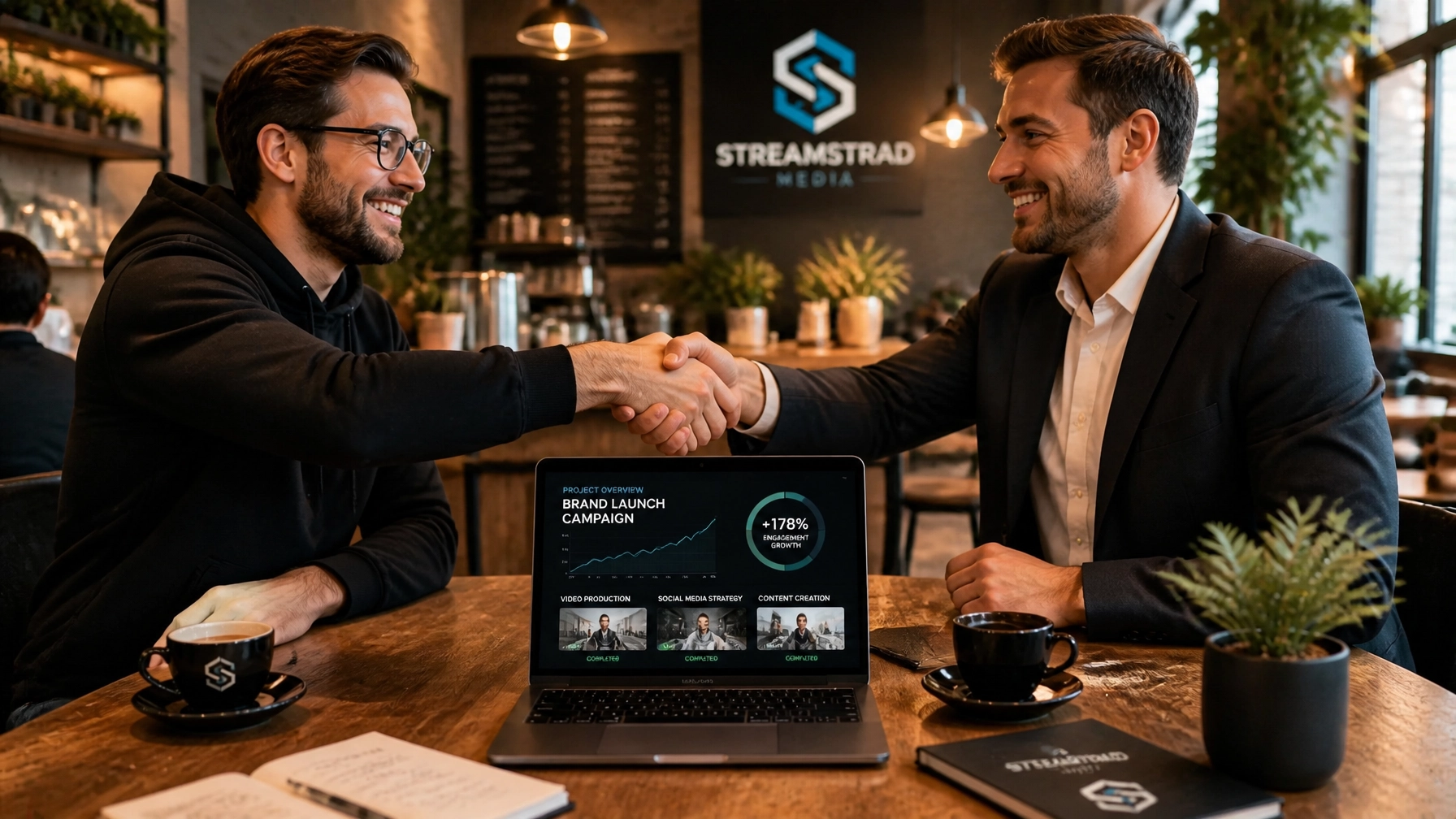 A business owner and developer collaborating on a media project over coffee