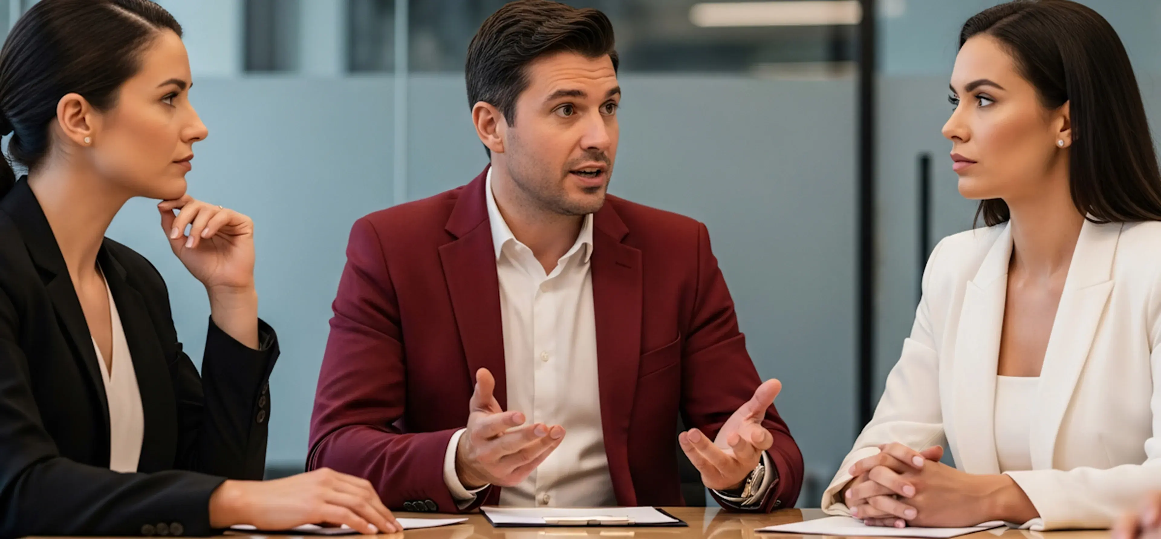 Three business people in a meeting, one man speaking between two attentive women.