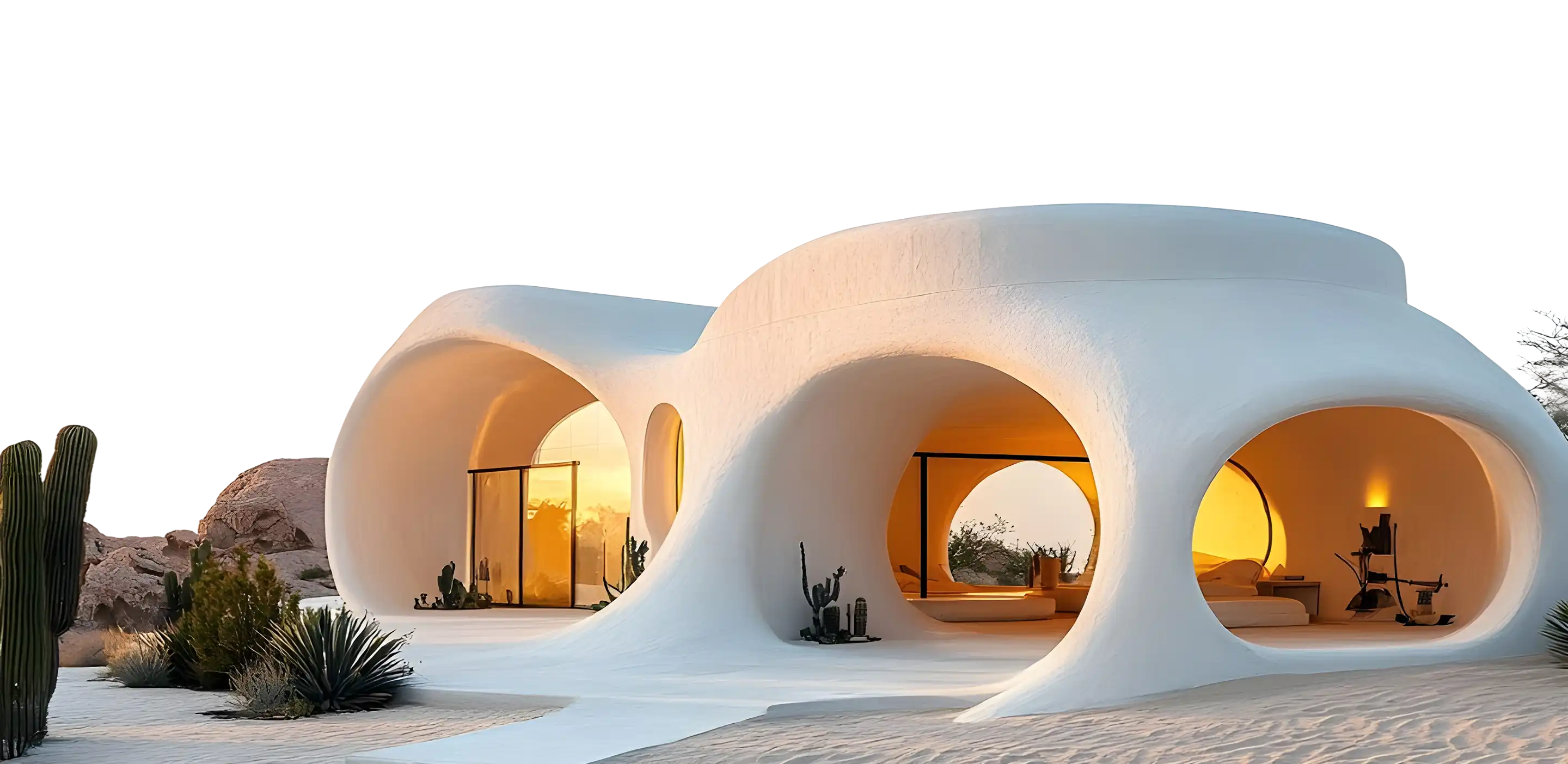 White modern house with rounded openings and warm interior lighting in a desert landscape with cacti.