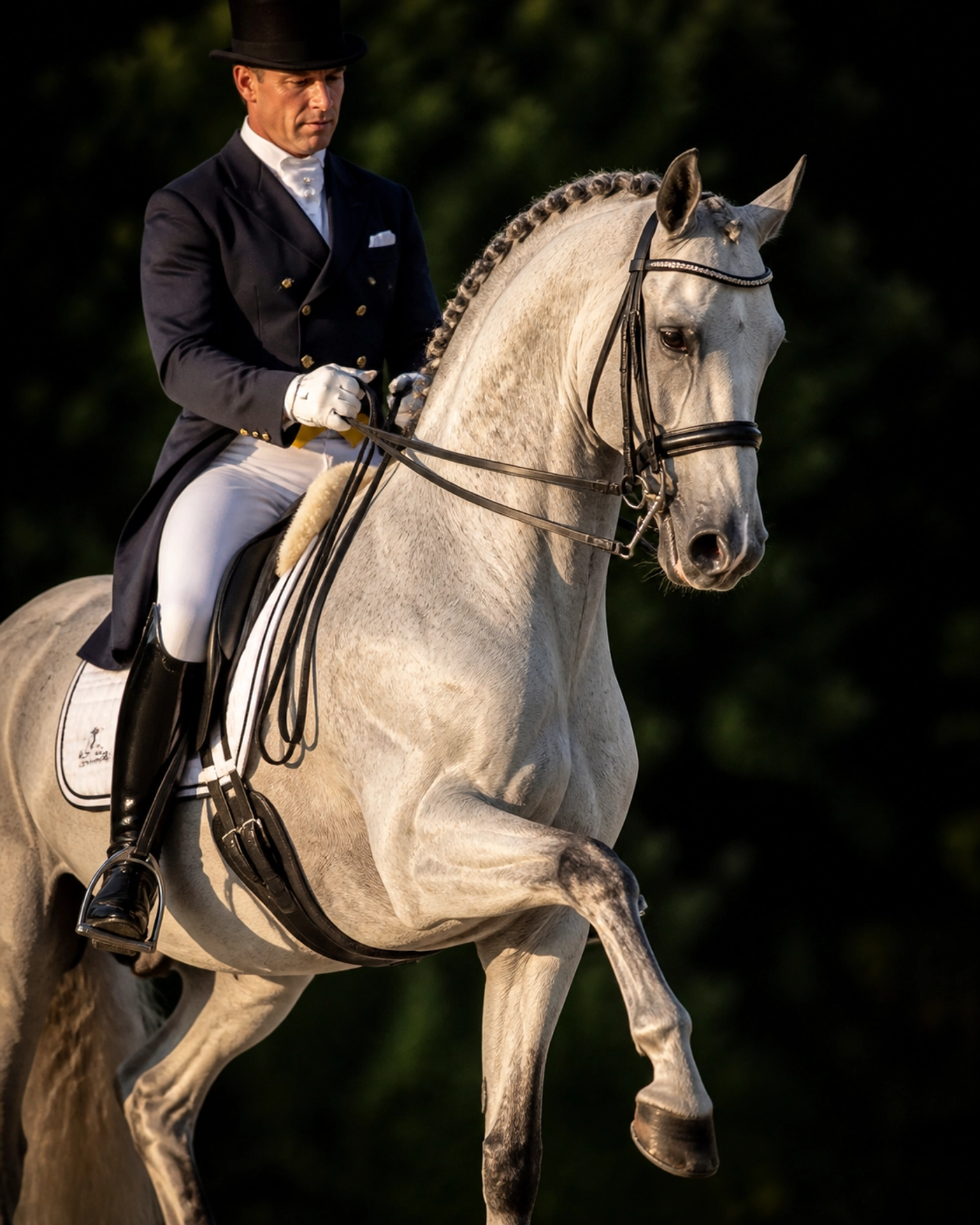 Well-lit dressage horse and rider showing clear muscle definition for effective video analysis.