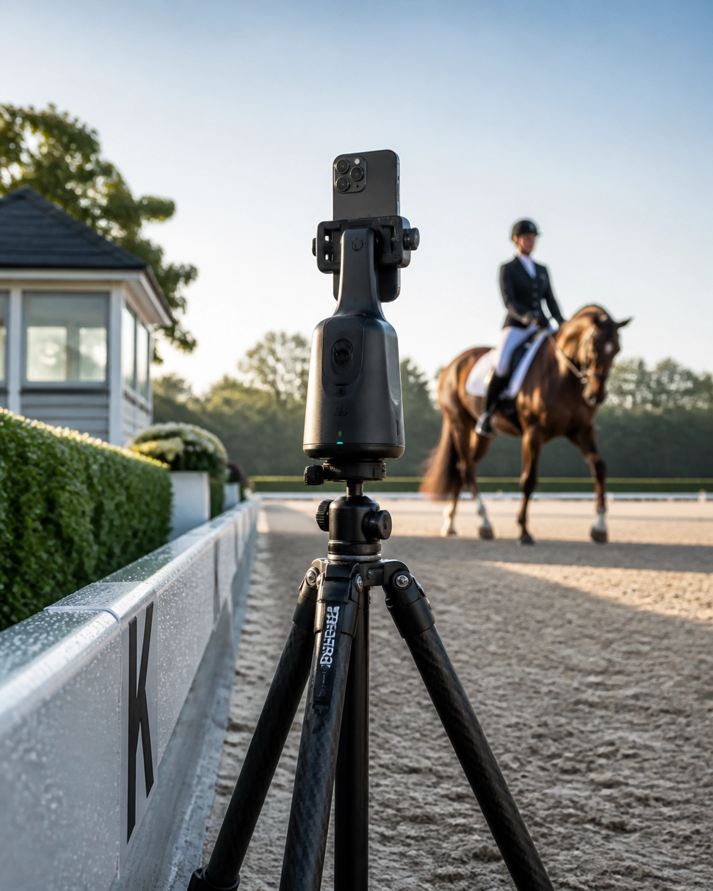 Auto-tracking smartphone mount on a tripod in a dressage arena for filming horse riding sessions.