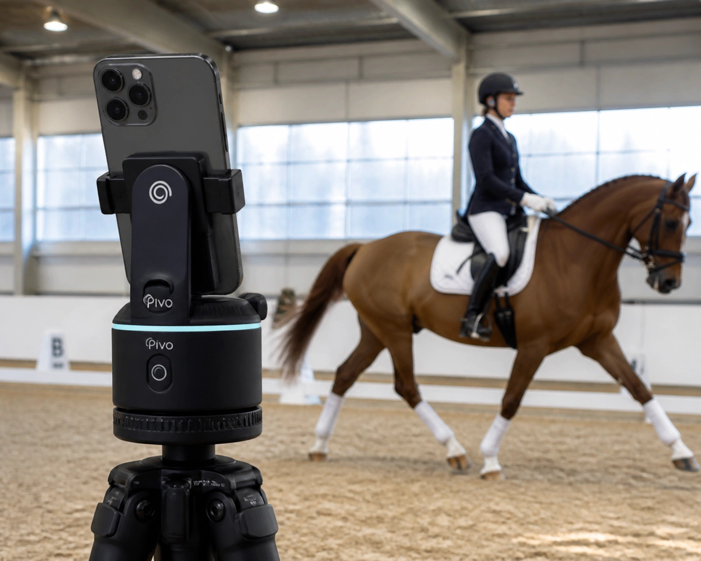 Pivo auto-tracking camera pod filming a horse and rider in a dressage schooling session.