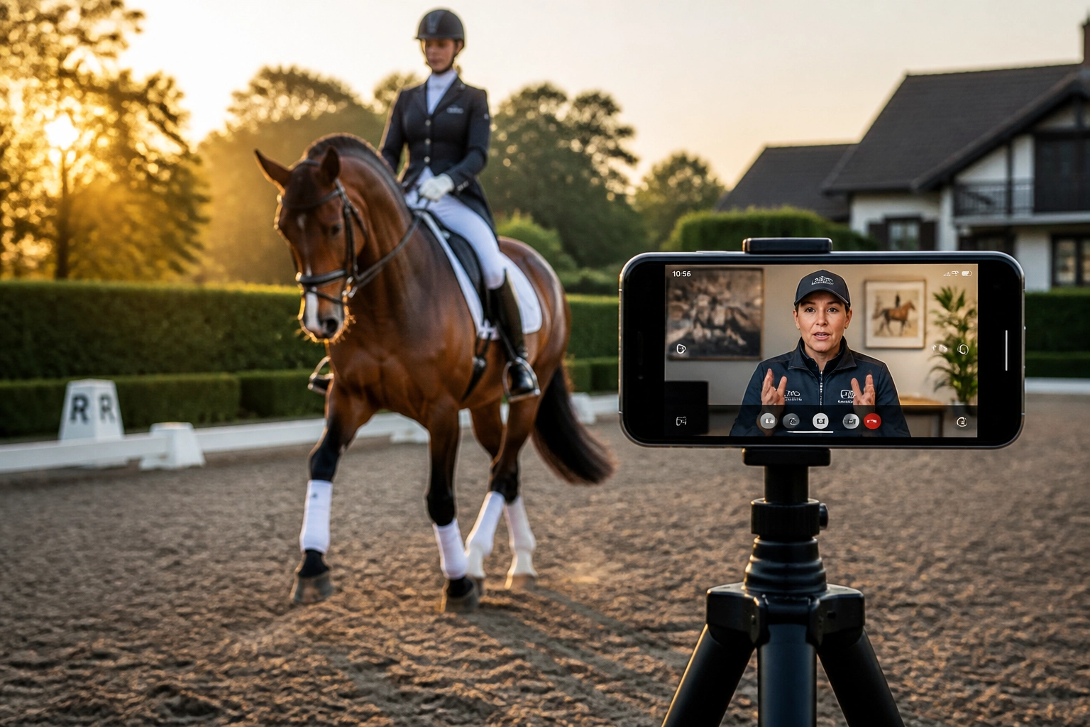 Dressage rider in a trot being filmed for a live virtual lesson with an online coach.