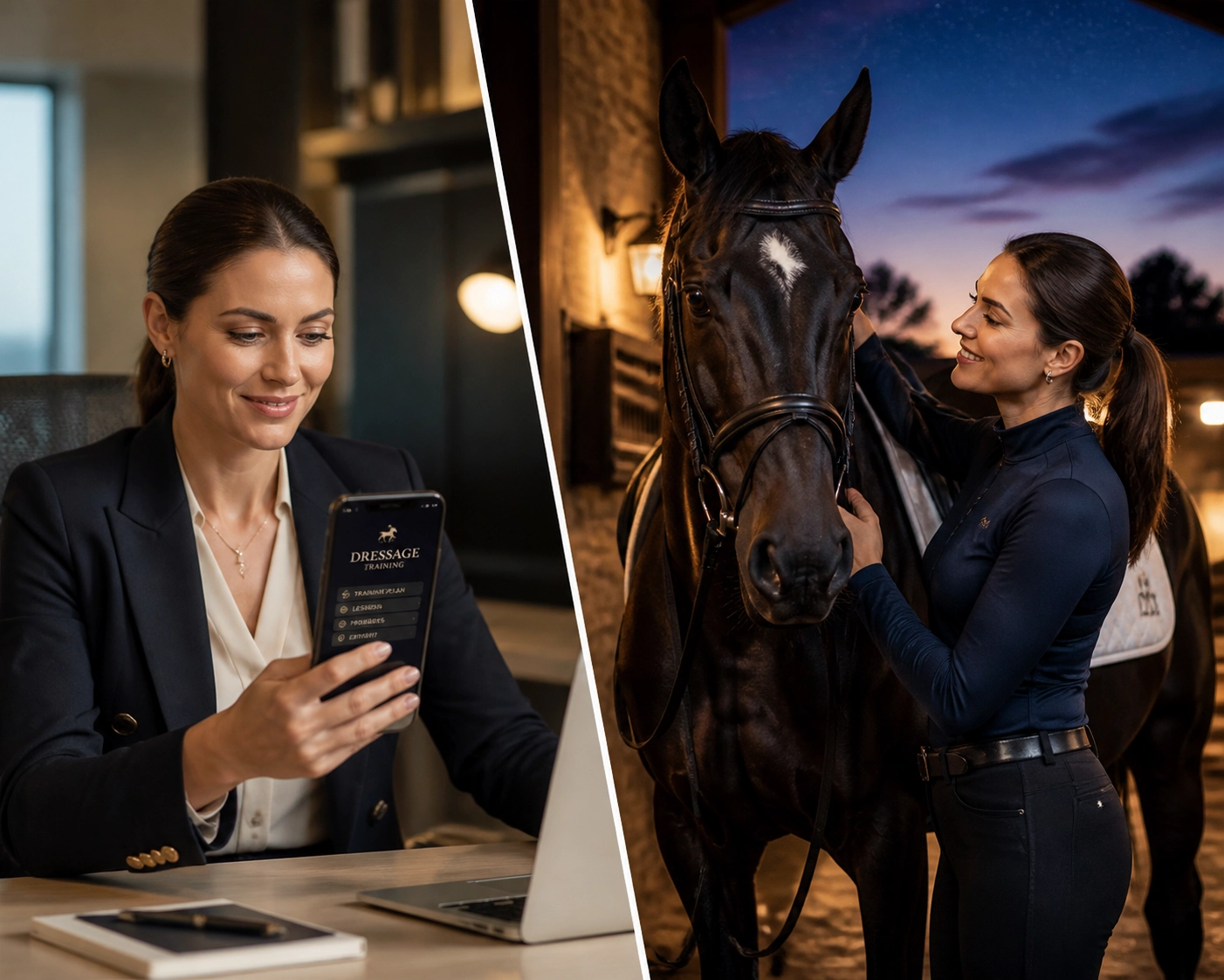 Woman using a dressage training app at work and later tacking up her horse for a session.