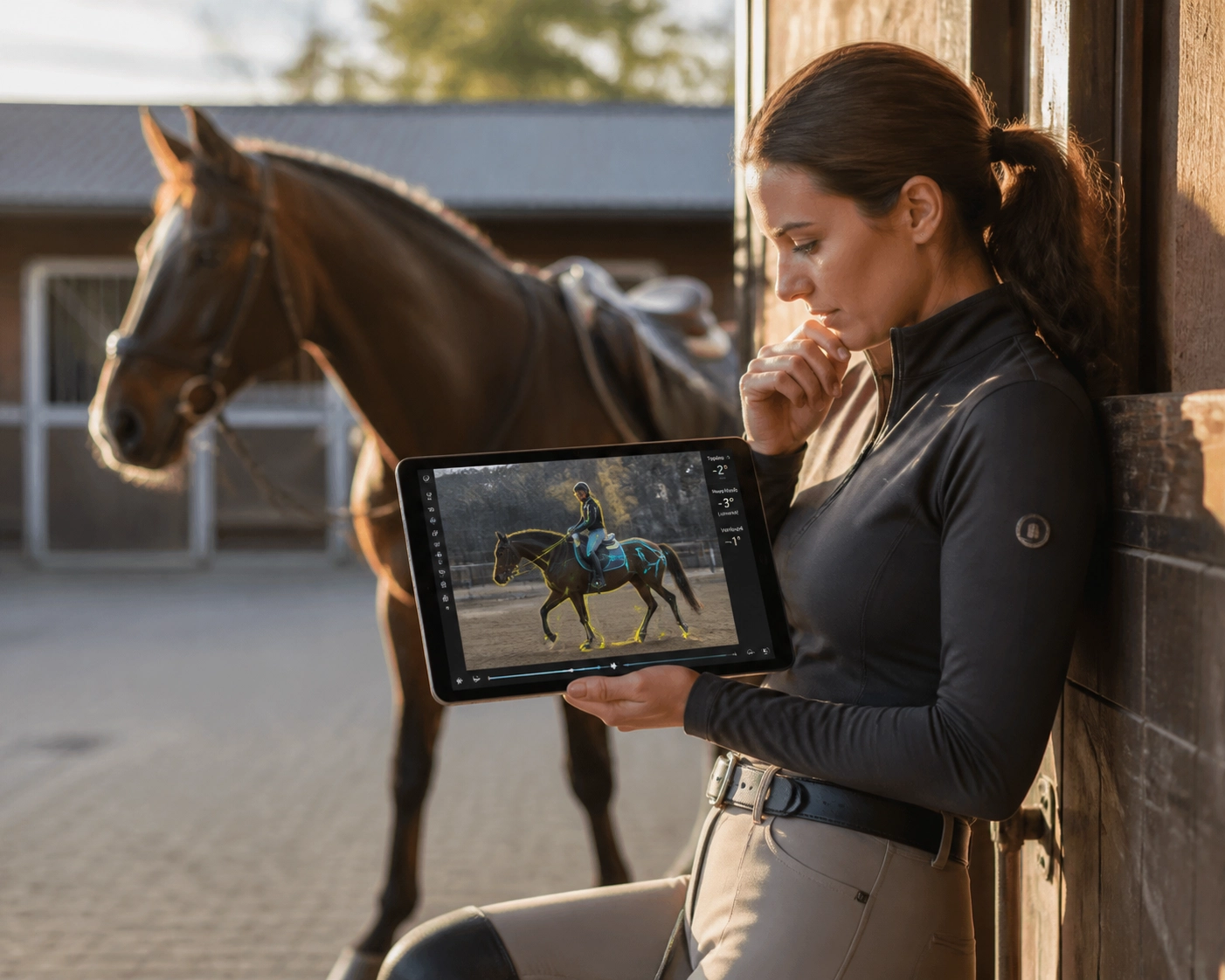 Rider using a tablet to review dressage video analysis and biomechanics at the stable.