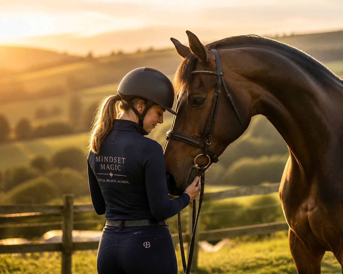 A dressage rider and her bay horse in a sunlit paddock, visualizing their training plan goals.