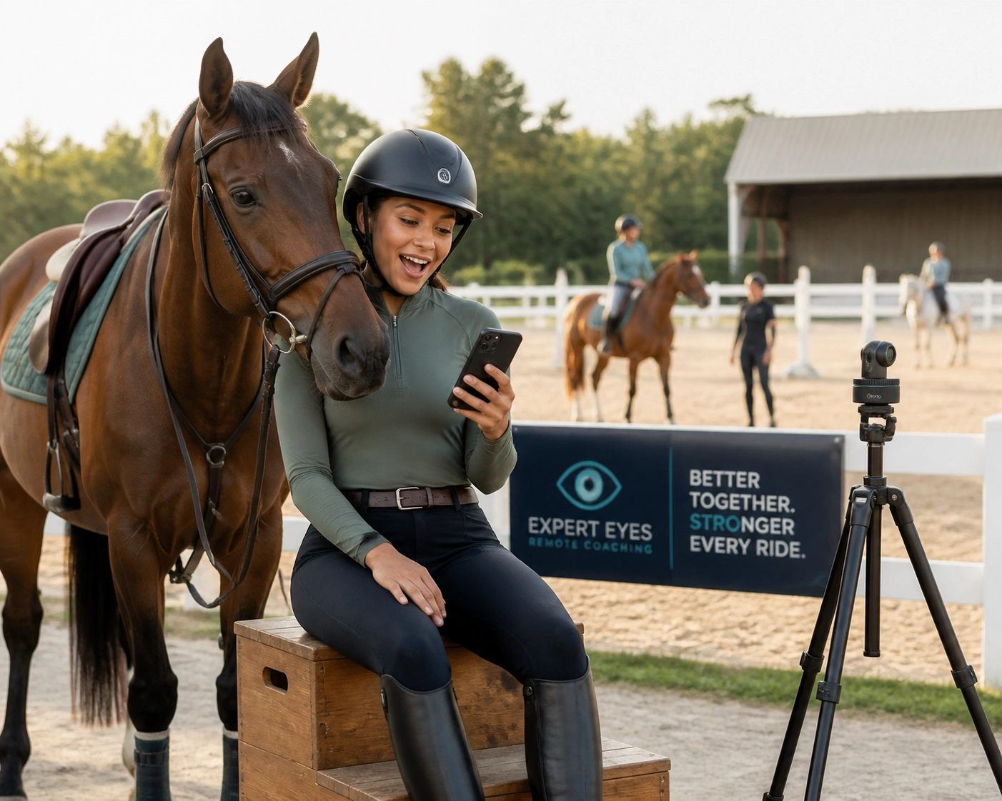 Equestrian using a smartphone and Pivo to receive remote dressage coaching and video feedback.