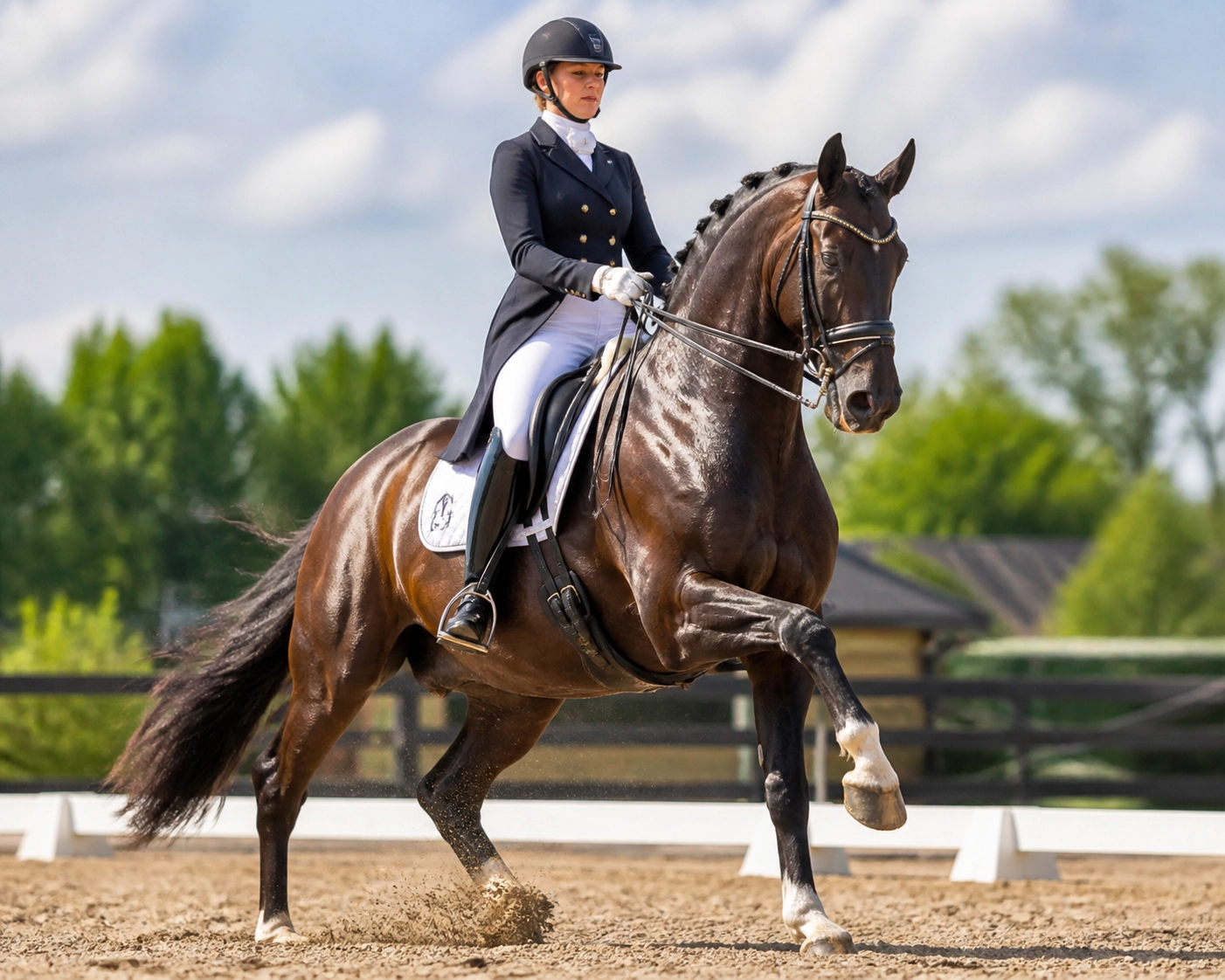 Dressage horse and rider performing a powerful uphill canter during a focused schooling session.