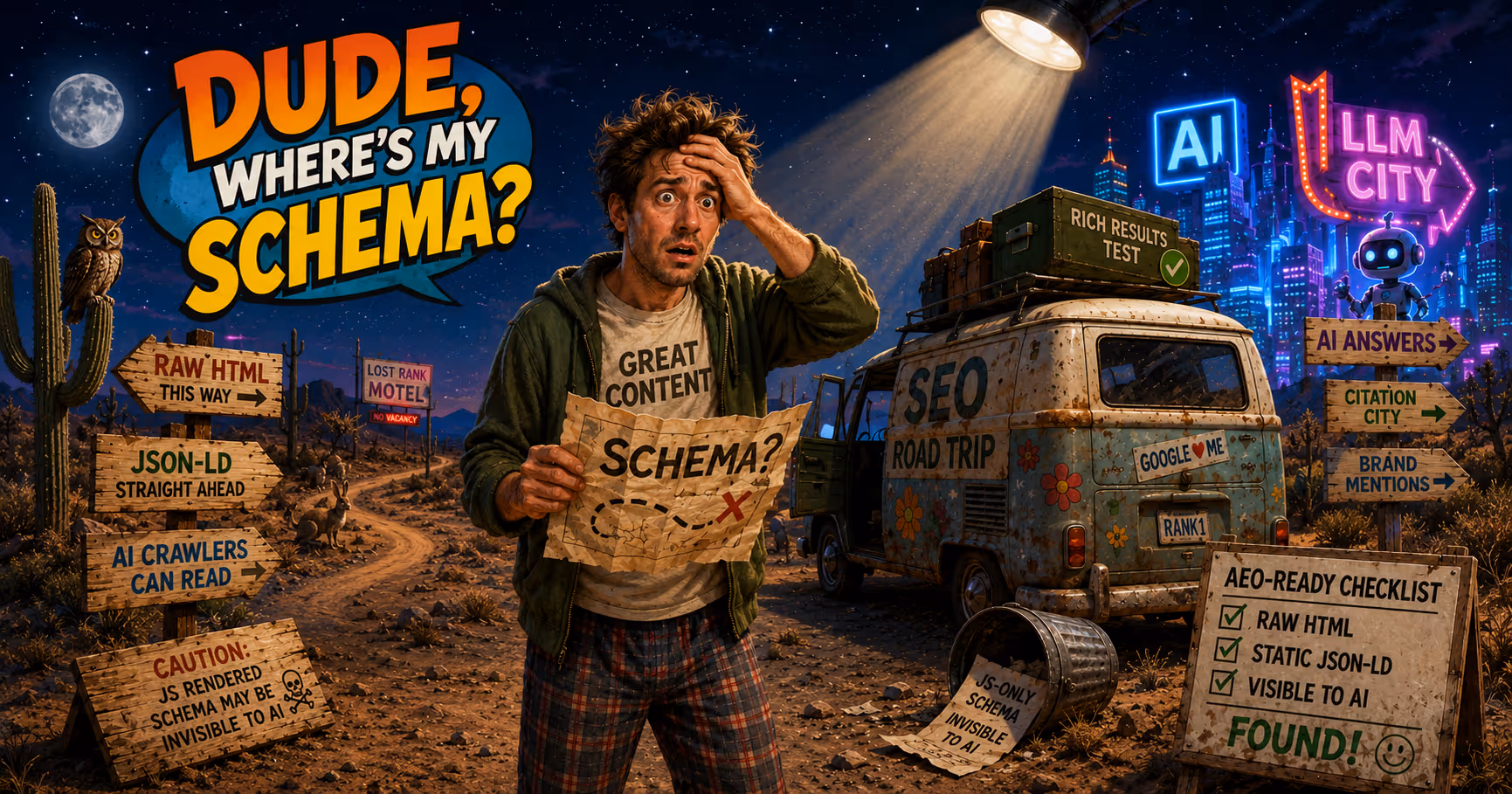 Illustrated scene showing a confused marketer lost at a desert crossroads with signs pointing to Raw HTML, JSON-LD, and AI Answers, with an SEO road trip van in the background